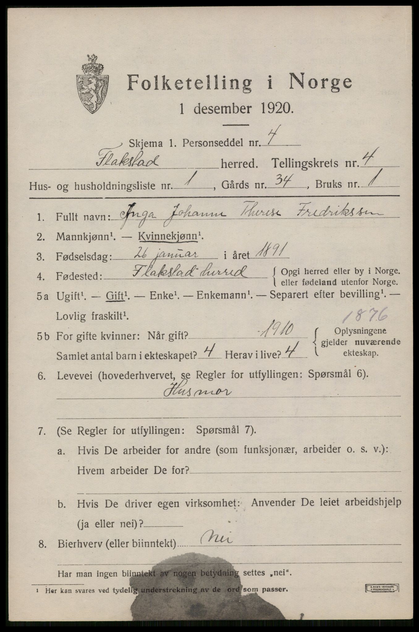 SAT, 1920 census for Flakstad, 1920, p. 2829