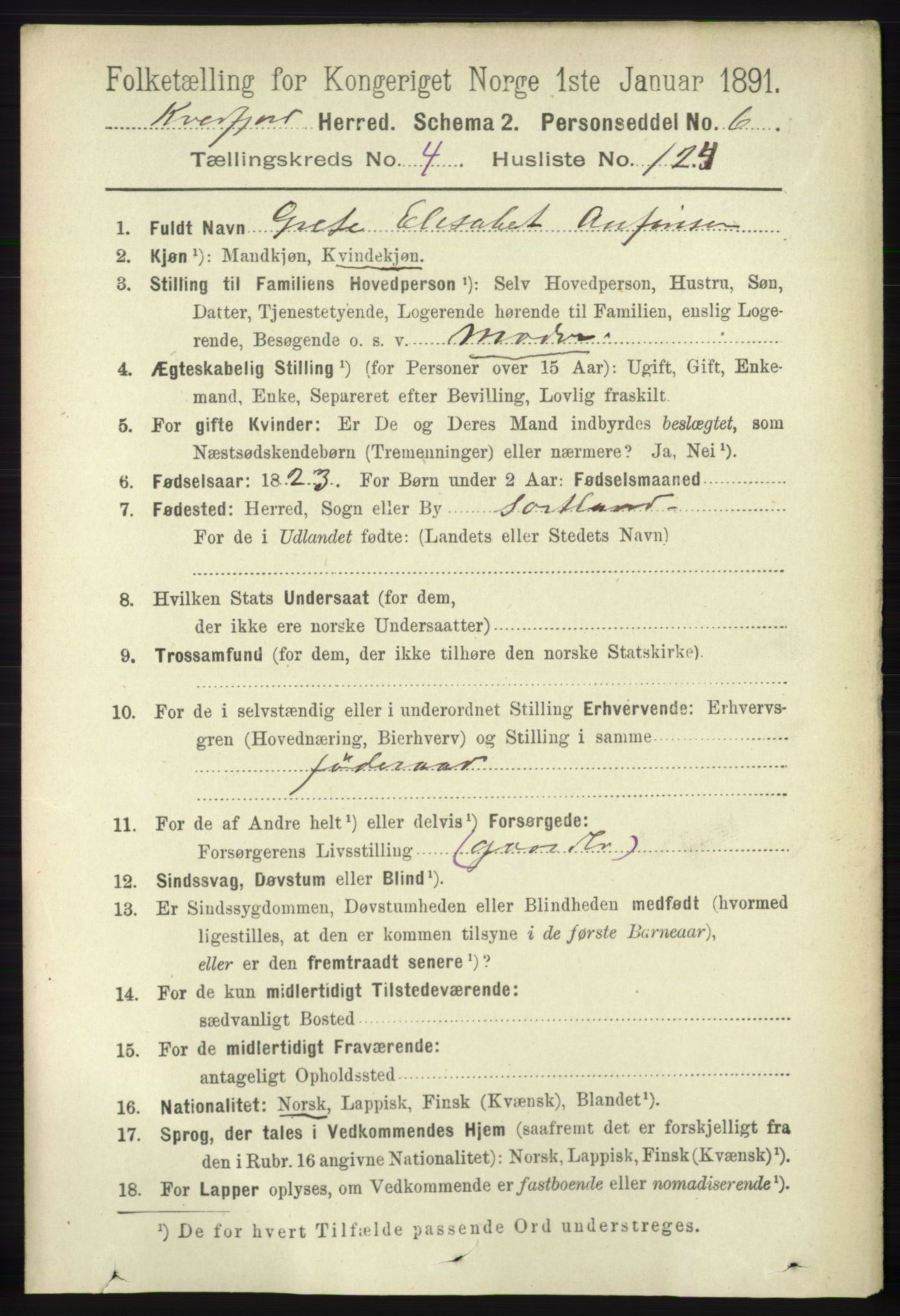 RA, 1891 census for 1911 Kvæfjord, 1891, p. 2683