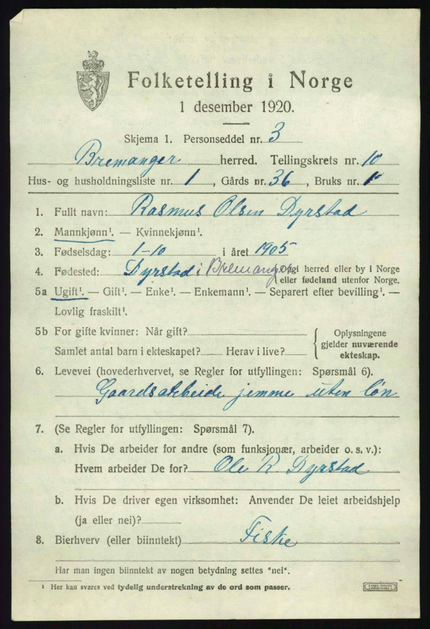 SAB, 1920 census for Bremanger, 1920, p. 5422