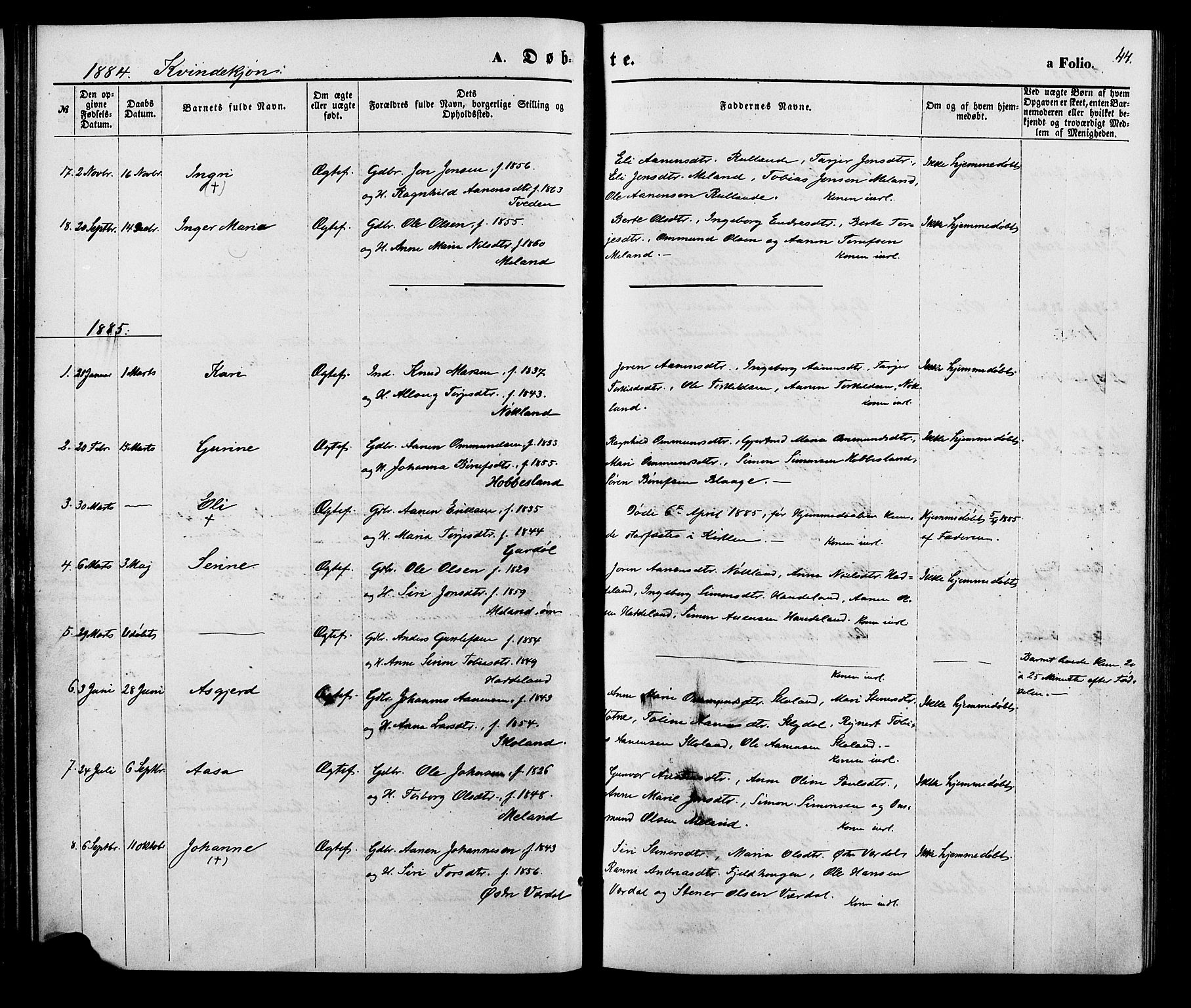 Hægebostad sokneprestkontor, AV/SAK-1111-0024/F/Fa/Fab/L0003: Parish register (official) no. A 3, 1872-1886, p. 44