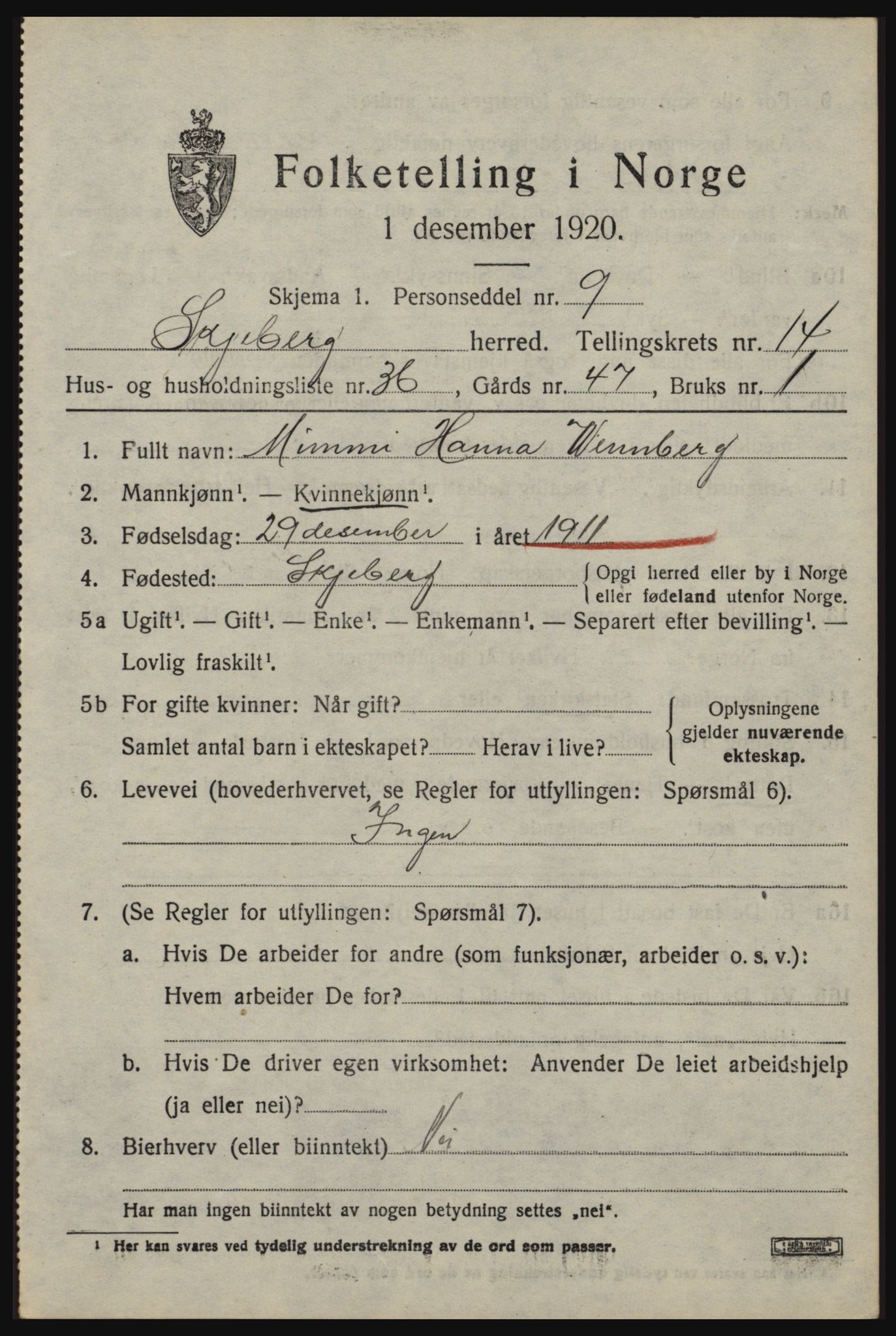 SAO, 1920 census for Skjeberg, 1920, p. 13663