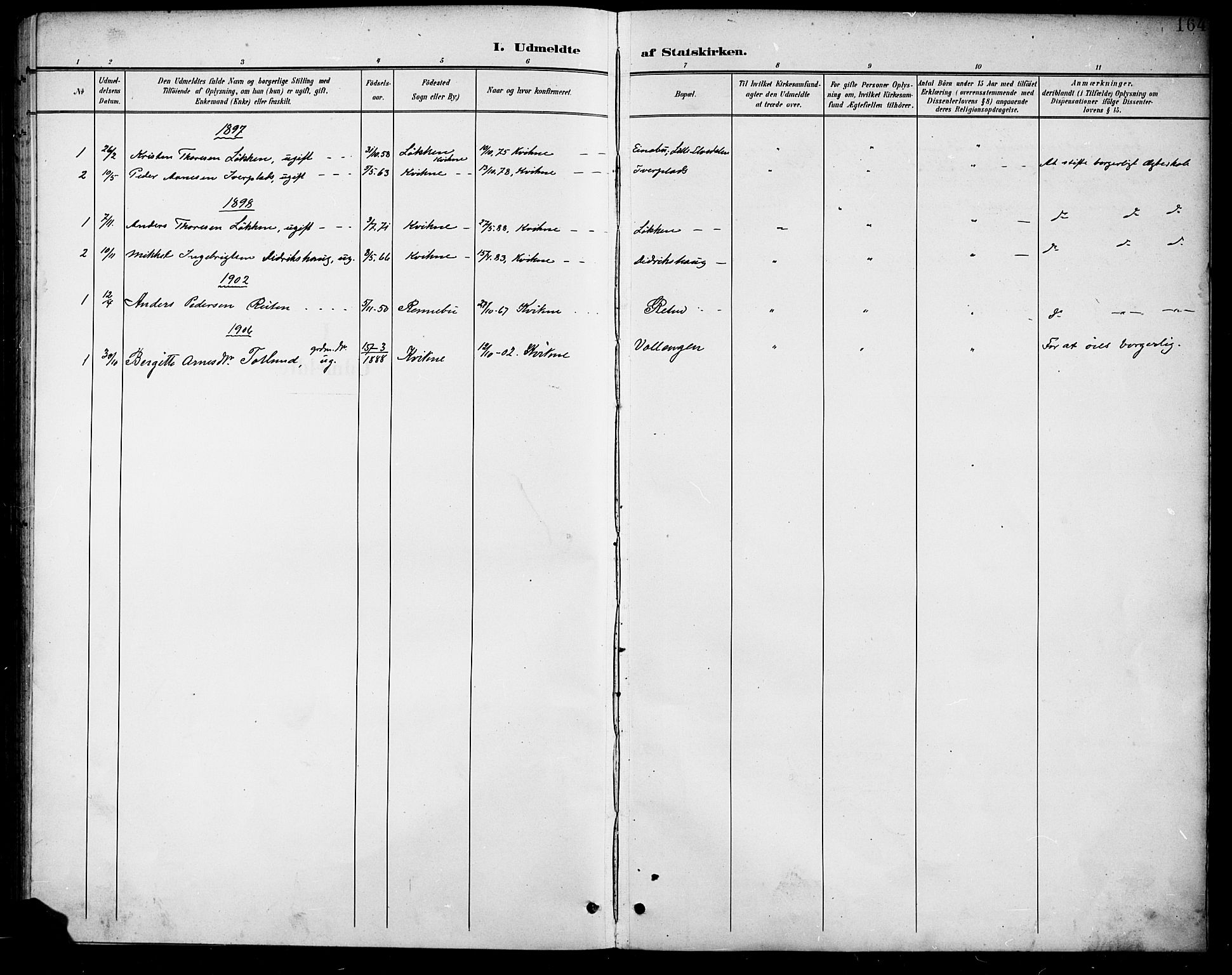 Kvikne prestekontor, SAH/PREST-064/H/Ha/Hab/L0003: Parish register (copy) no. 3, 1896-1918, p. 164