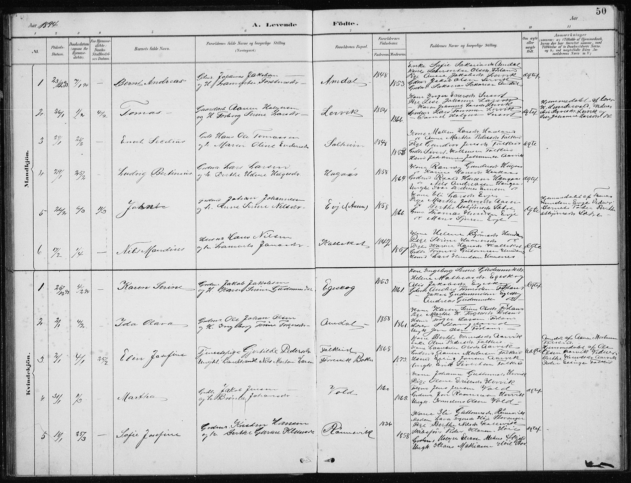 Tysvær sokneprestkontor, AV/SAST-A -101864/H/Ha/Hab/L0004: Parish register (copy) no. B 4, 1883-1896, p. 50