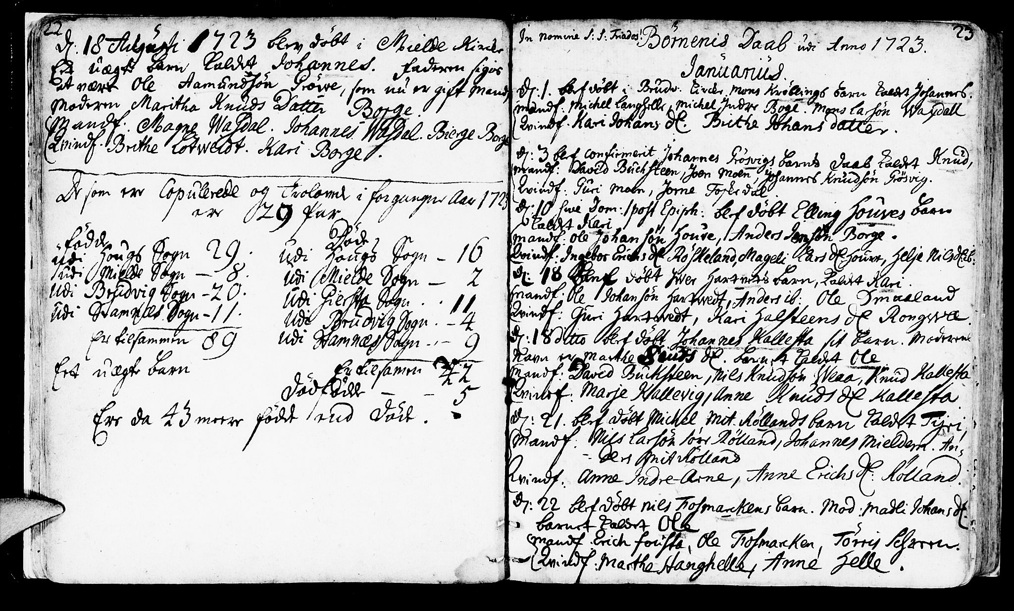 Haus sokneprestembete, AV/SAB-A-75601/H/Haa: Parish register (official) no. A 4, 1723-1733, p. 22-23