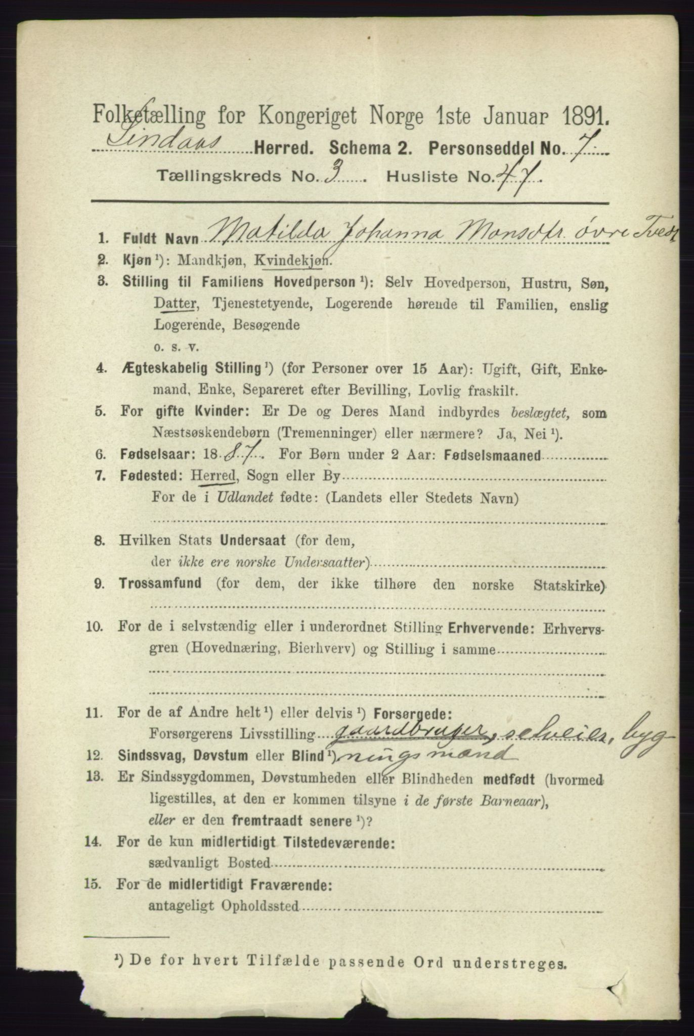 RA, 1891 census for 1263 Lindås, 1891, p. 1089