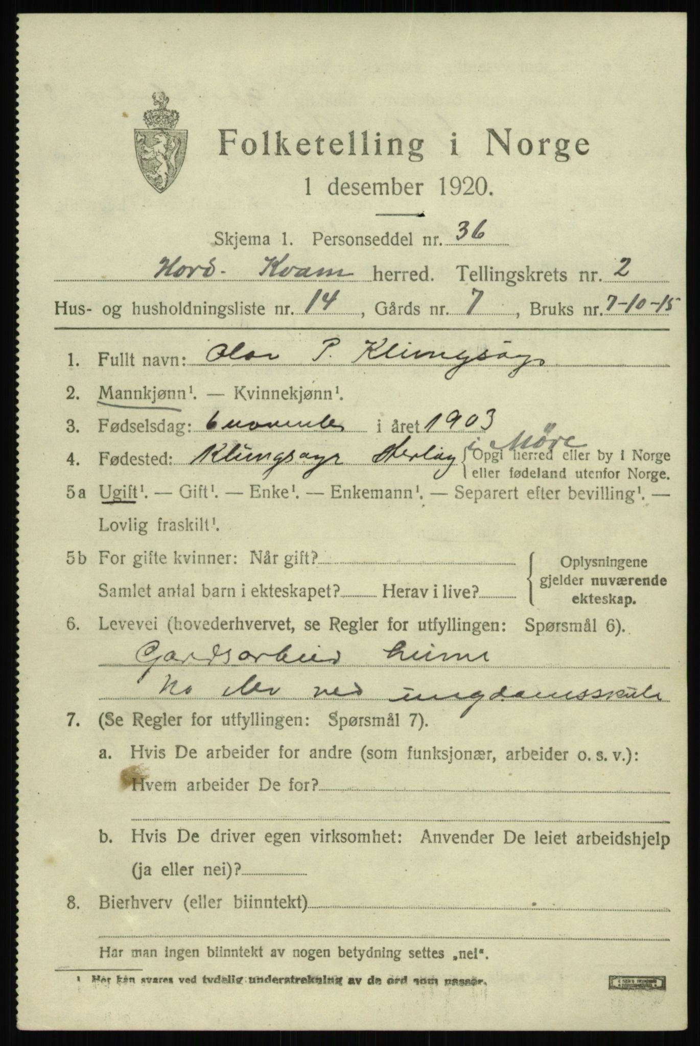 SAB, 1920 census for Kvam, 1920, p. 2041
