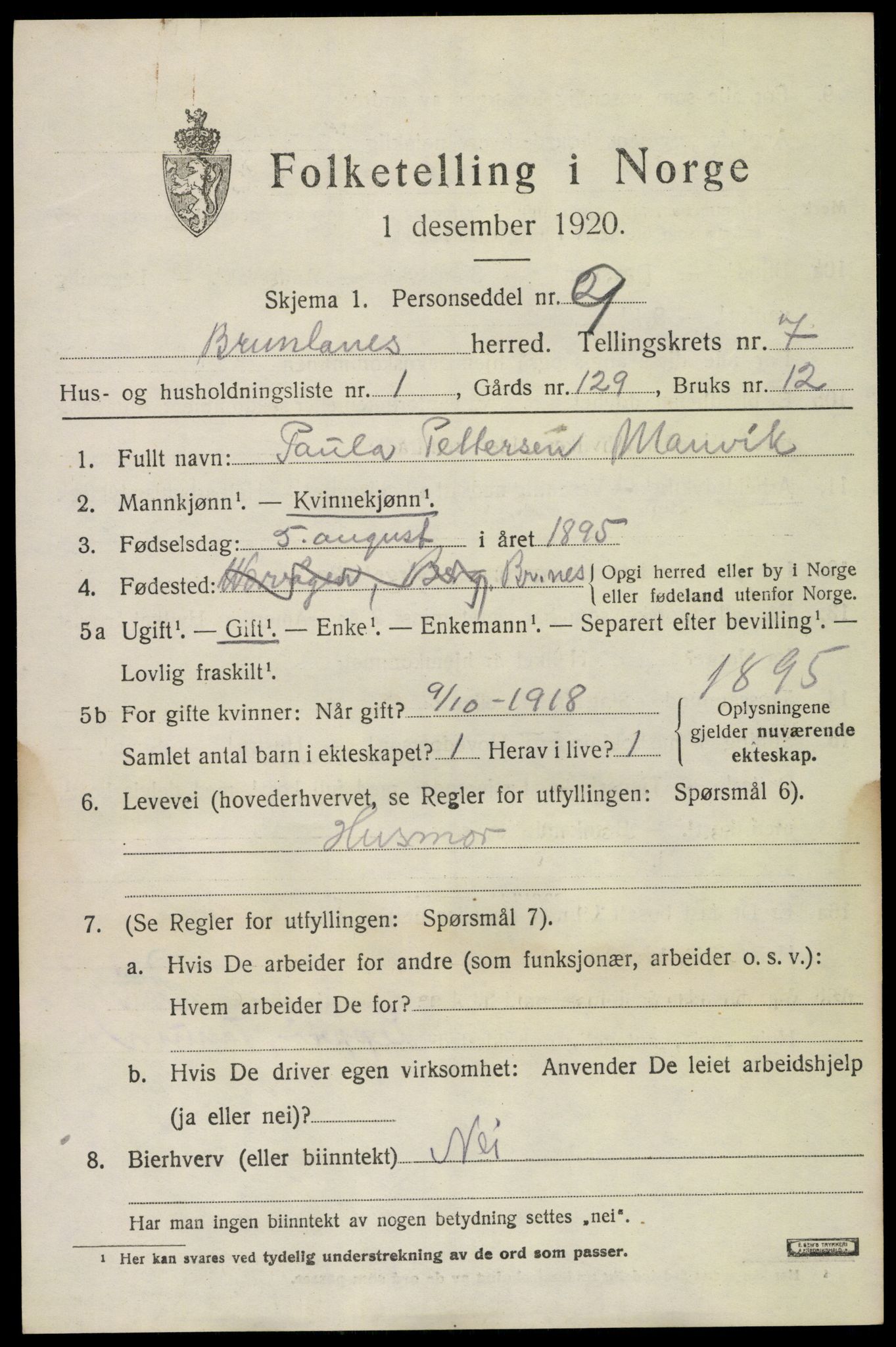 SAKO, 1920 census for Brunlanes, 1920, p. 7071