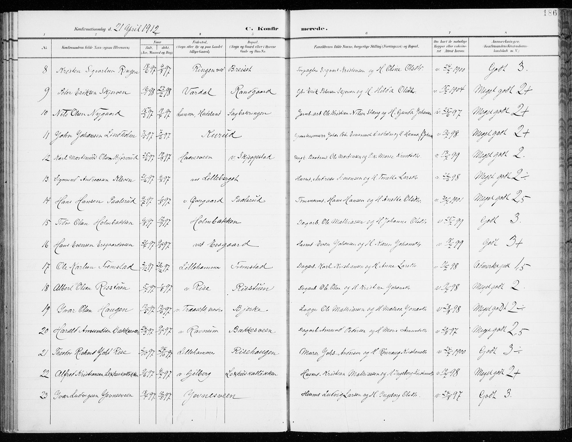 Fåberg prestekontor, SAH/PREST-086/H/Ha/Haa/L0011: Parish register (official) no. 11, 1899-1913, p. 186