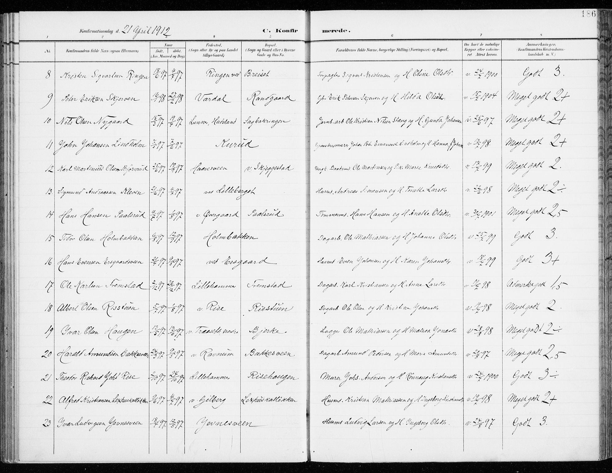 Fåberg prestekontor, AV/SAH-PREST-086/H/Ha/Haa/L0011: Parish register (official) no. 11, 1899-1913, p. 186