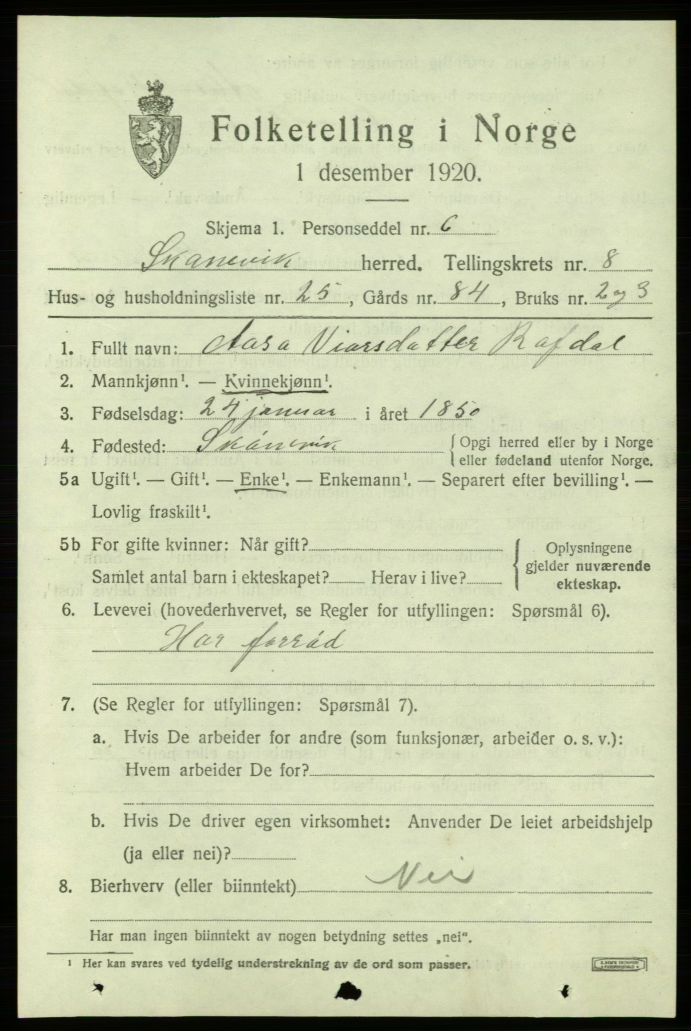 SAB, 1920 census for Skånevik, 1920, p. 4837