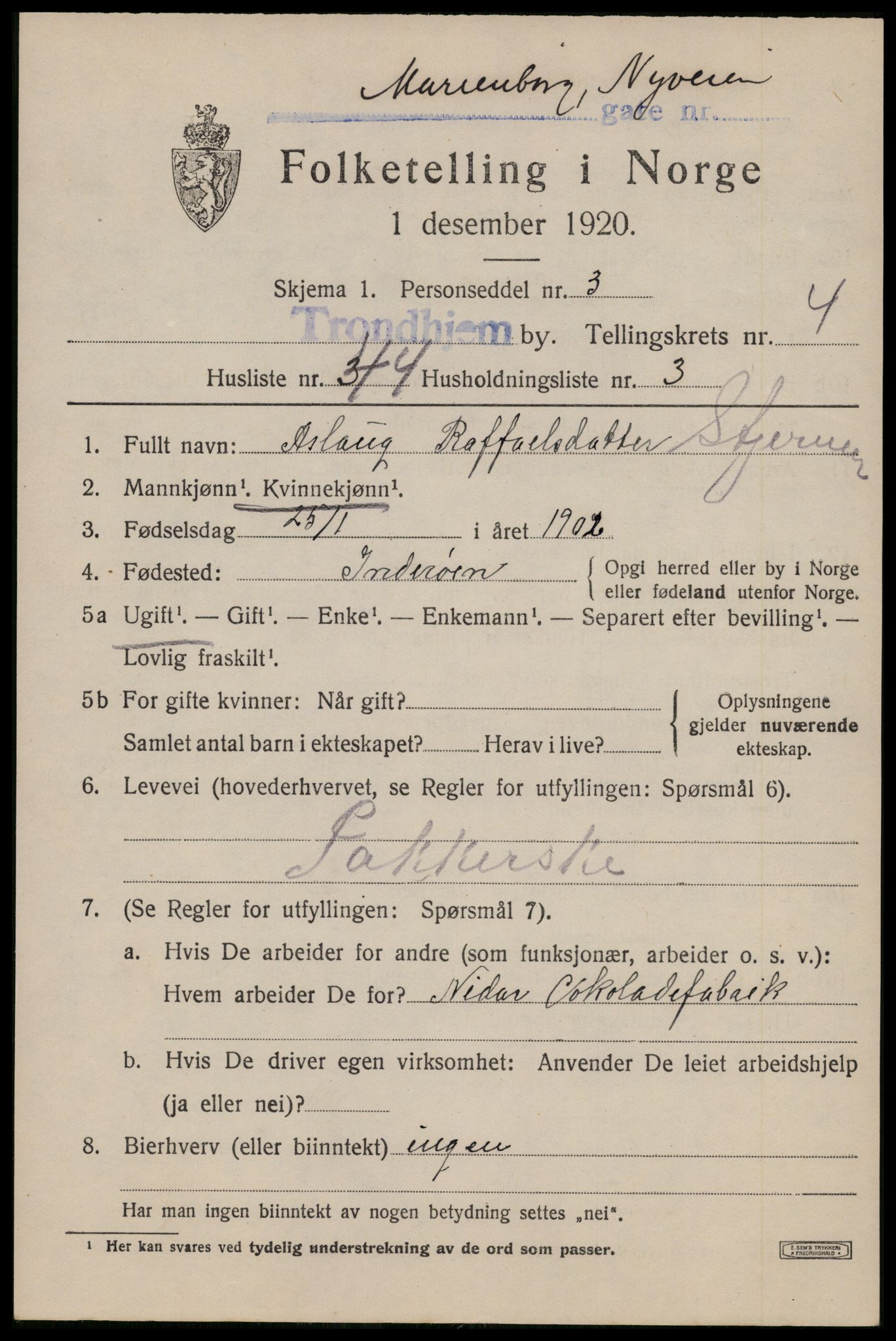 SAT, 1920 census for Trondheim, 1920, p. 38268