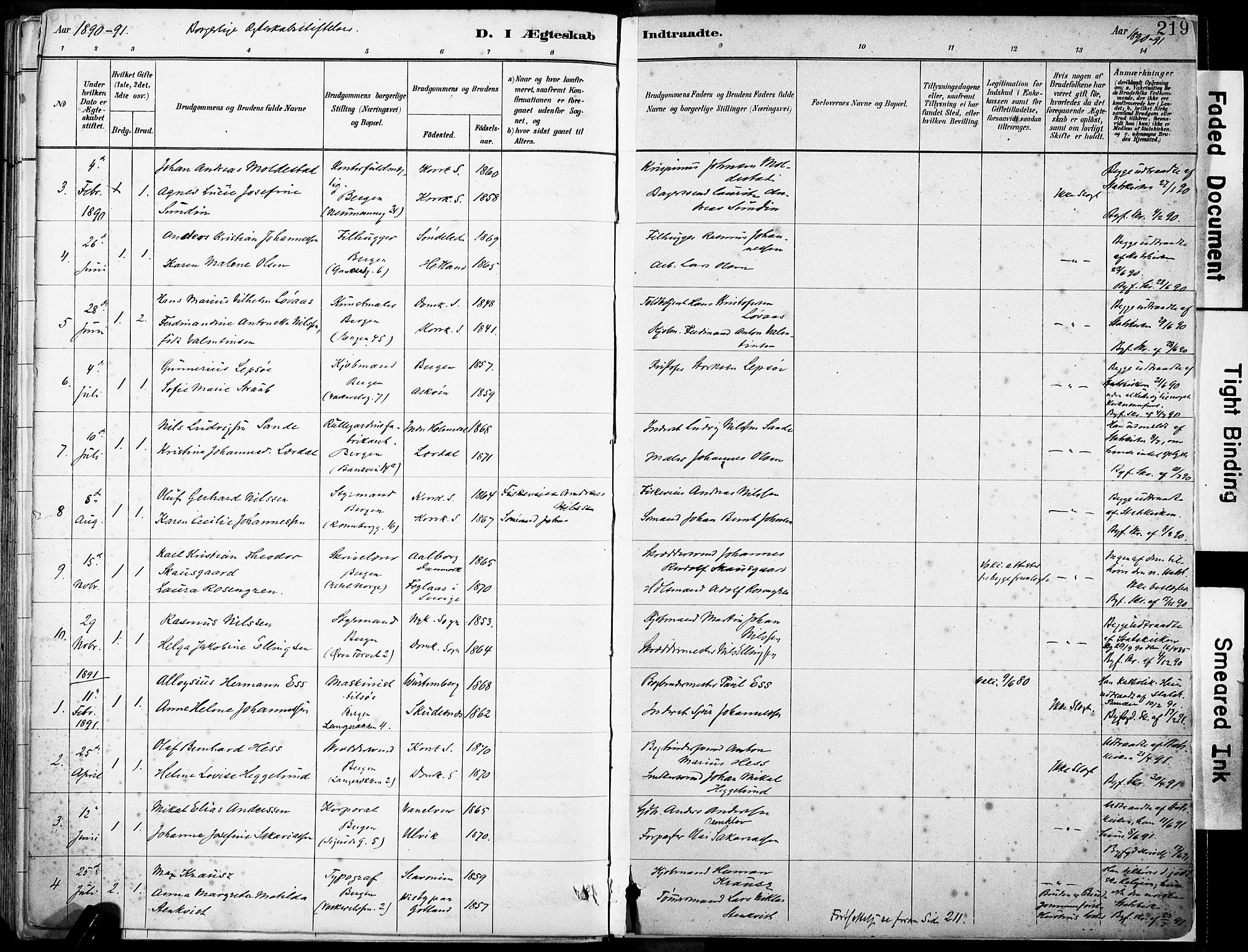 Domkirken sokneprestembete, SAB/A-74801/H/Haa/L0037: Parish register (official) no. D 4, 1880-1907, p. 219