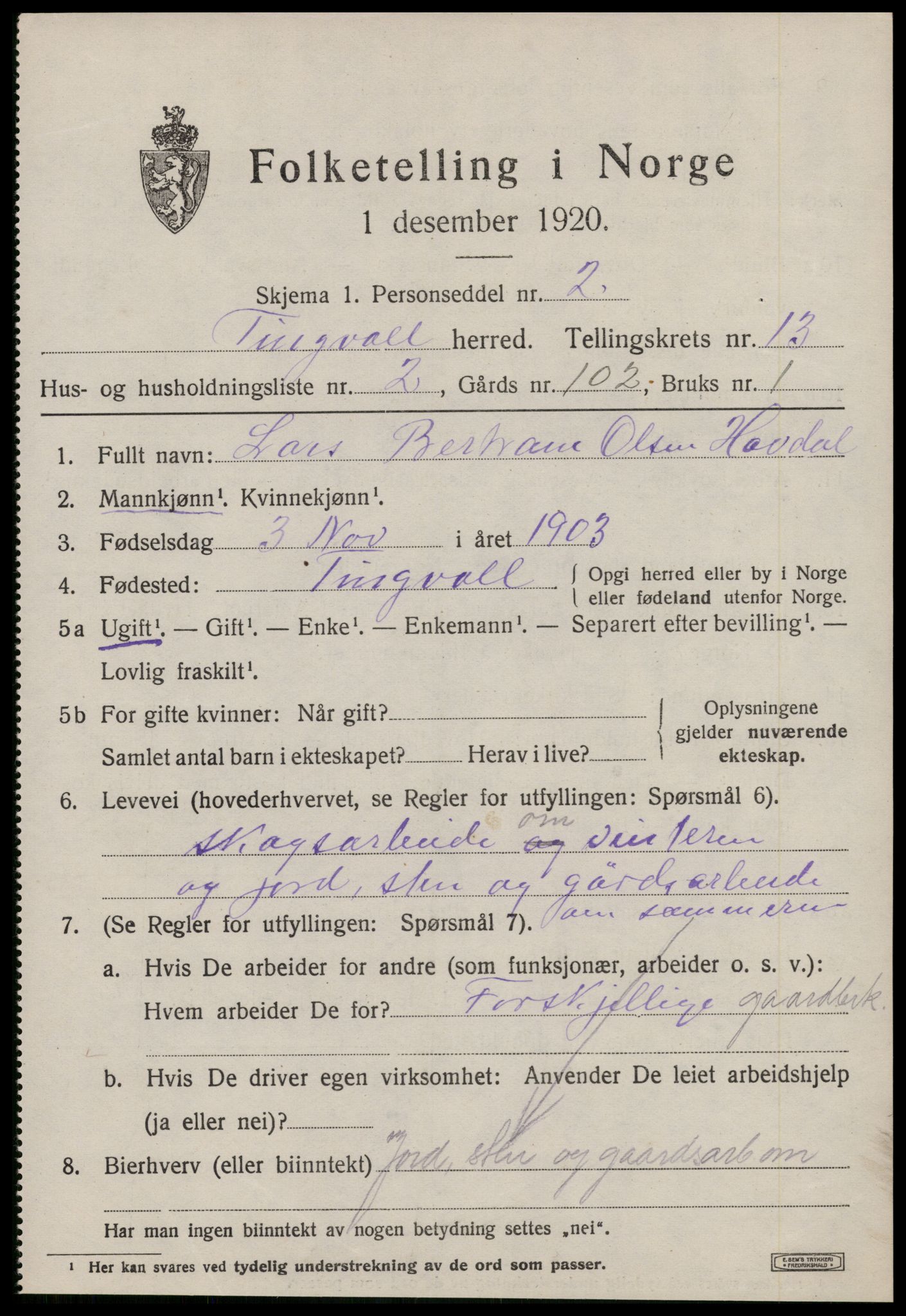 SAT, 1920 census for Tingvoll, 1920, p. 6800