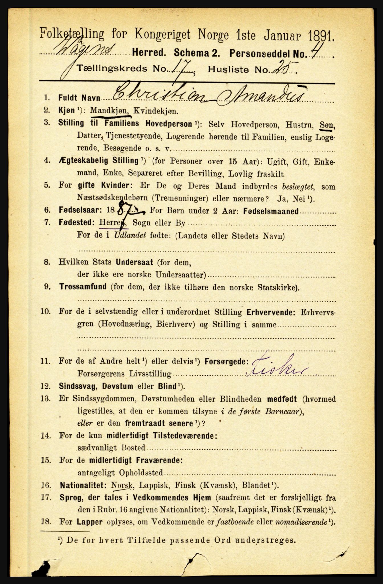 RA, 1891 census for 1865 Vågan, 1891, p. 5067