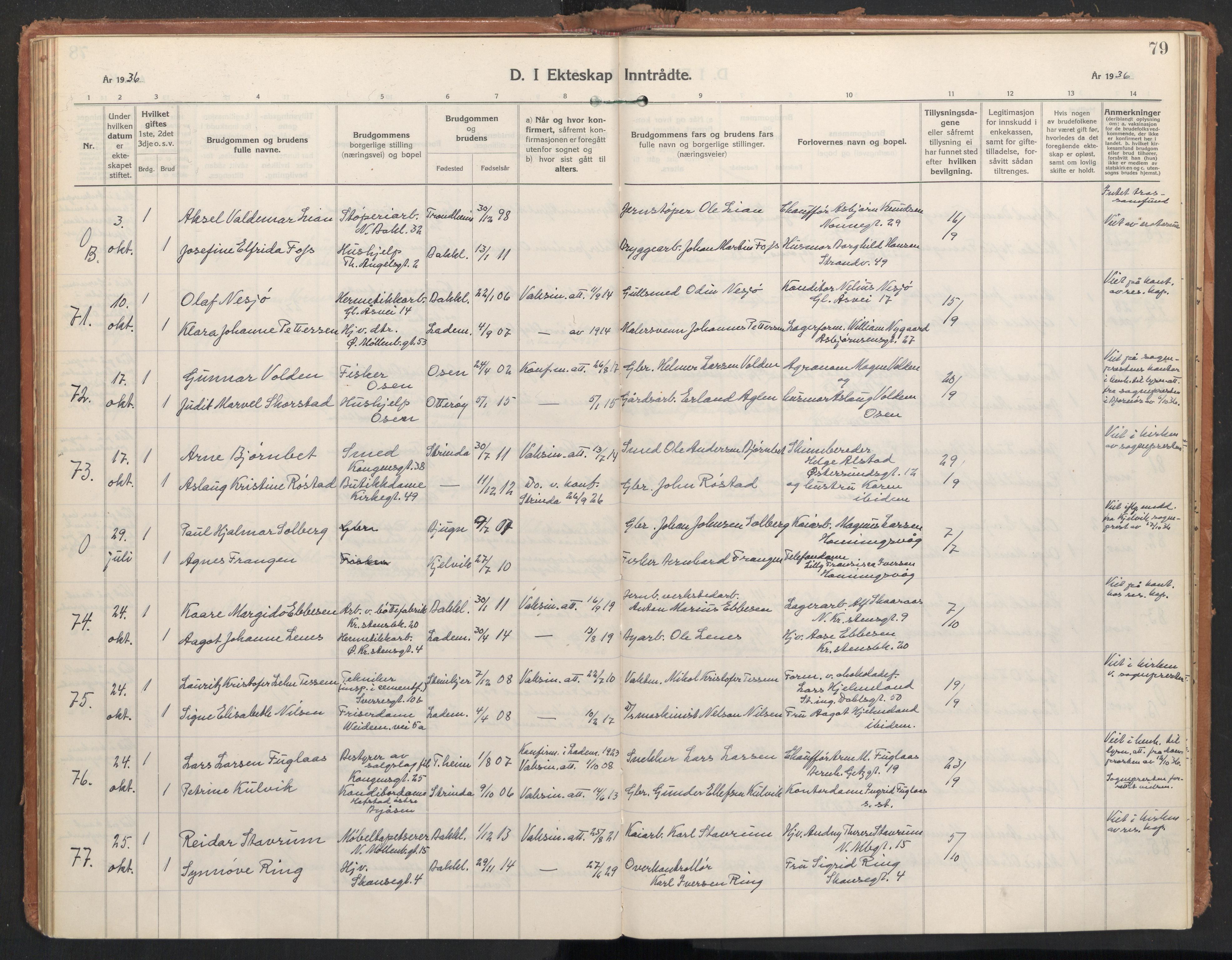 Ministerialprotokoller, klokkerbøker og fødselsregistre - Sør-Trøndelag, SAT/A-1456/604/L0209: Parish register (official) no. 604A29, 1931-1945, p. 79