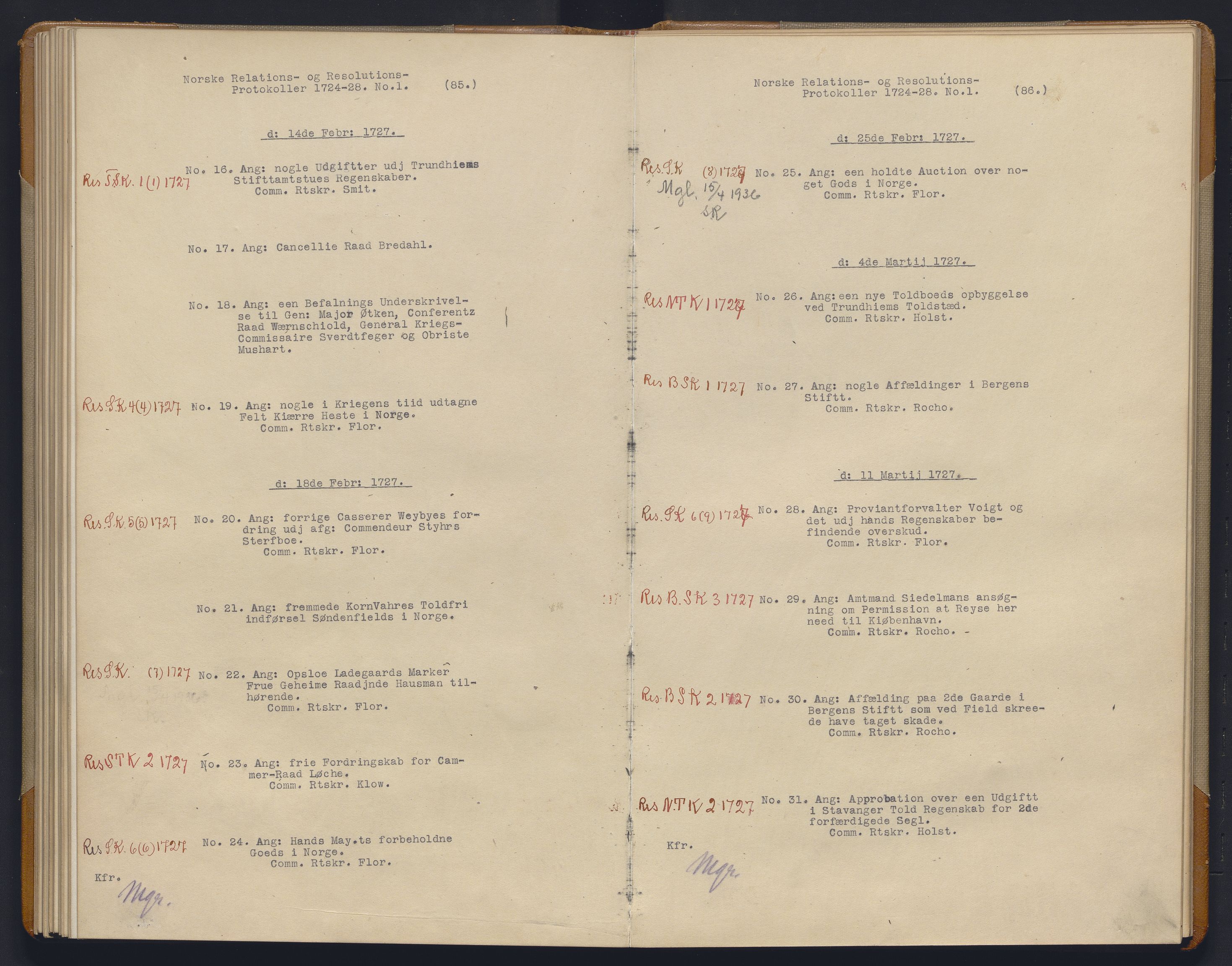 Avskriftsamlingen, AV/RA-EA-4022/F/Fb/L0115: Registratur over norske Relasjons- og resolusjonsprotkoller, 1724-1728, p. 63