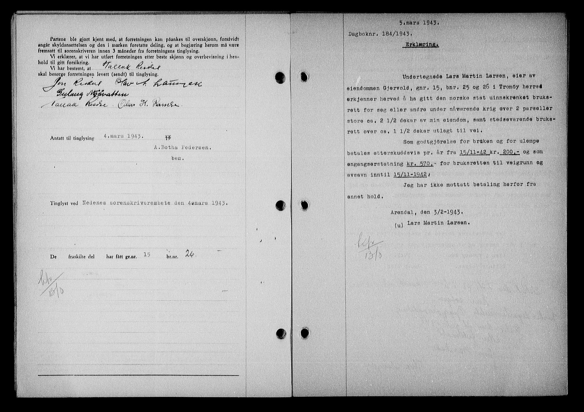 Nedenes sorenskriveri, SAK/1221-0006/G/Gb/Gba/L0050: Mortgage book no. A-IV, 1942-1943, Diary no: : 184/1943