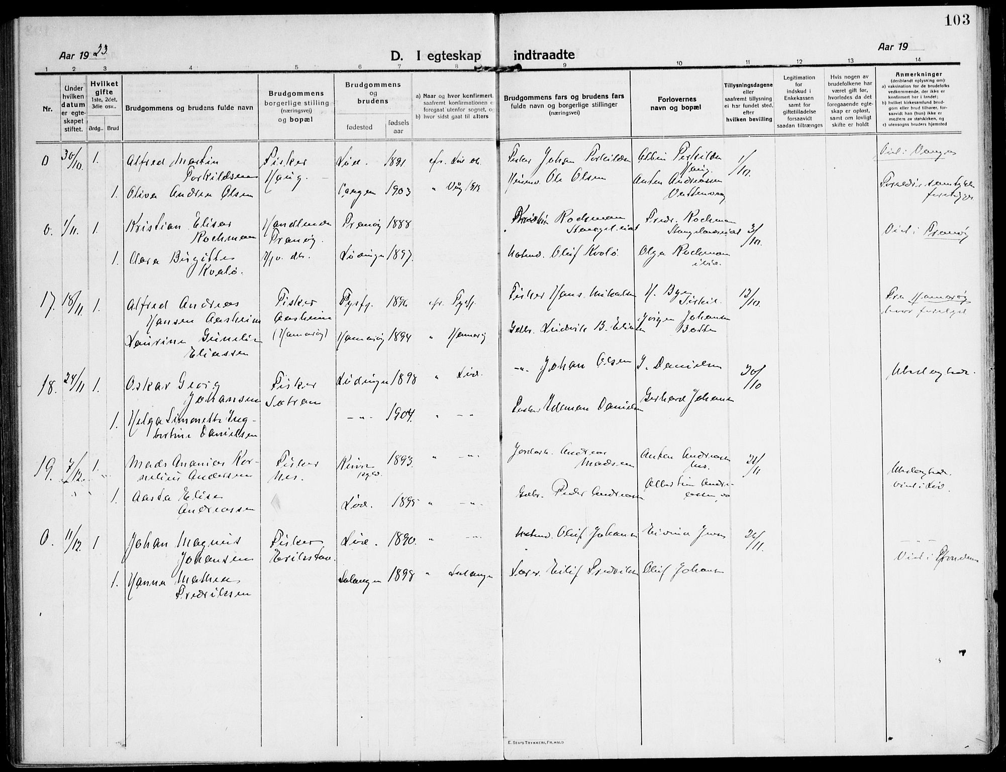 Ministerialprotokoller, klokkerbøker og fødselsregistre - Nordland, AV/SAT-A-1459/872/L1037: Parish register (official) no. 872A12, 1914-1925, p. 103