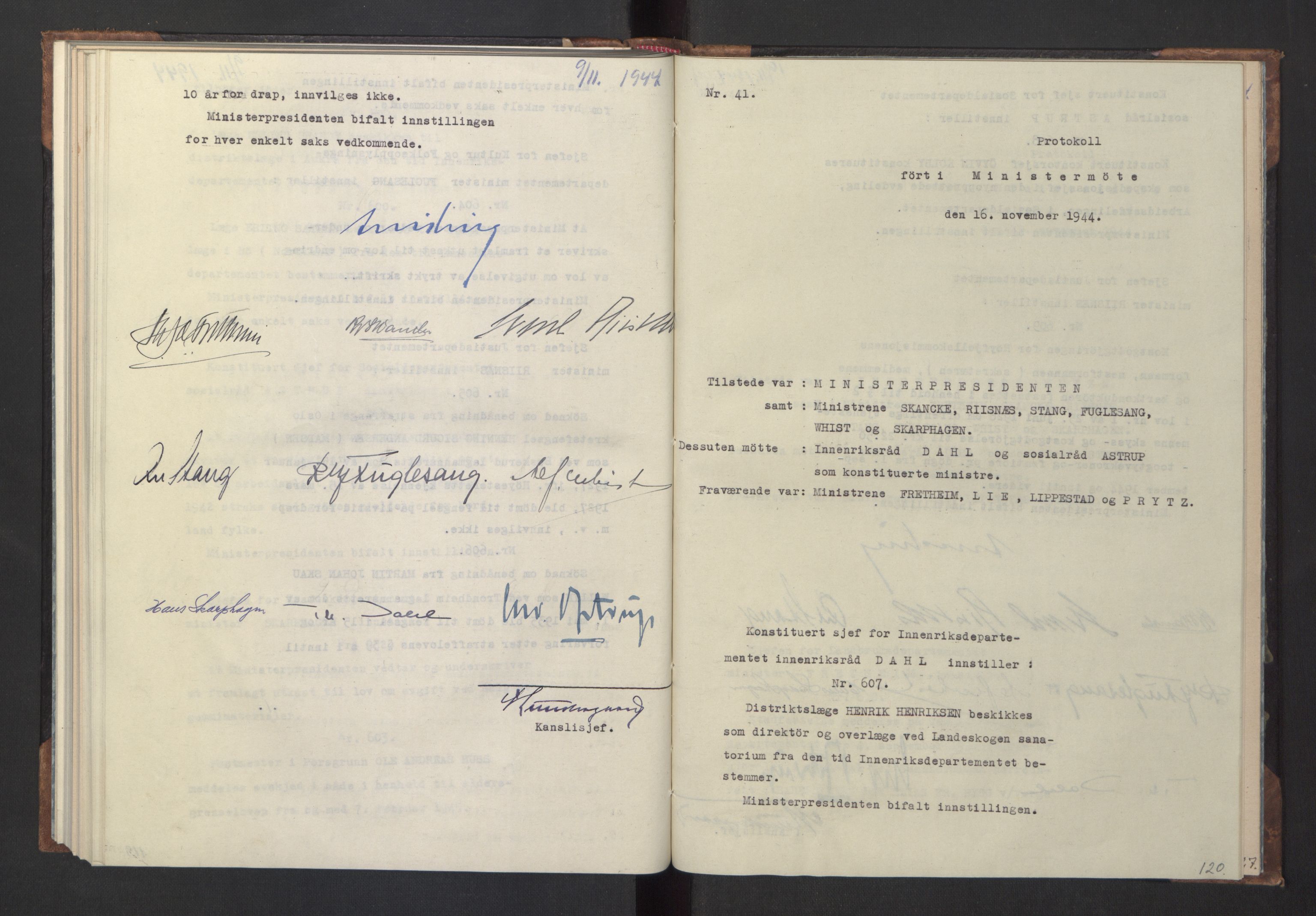 NS-administrasjonen 1940-1945 (Statsrådsekretariatet, de kommisariske statsråder mm), RA/S-4279/D/Da/L0005: Protokoll fra ministermøter, 1944, p. 122