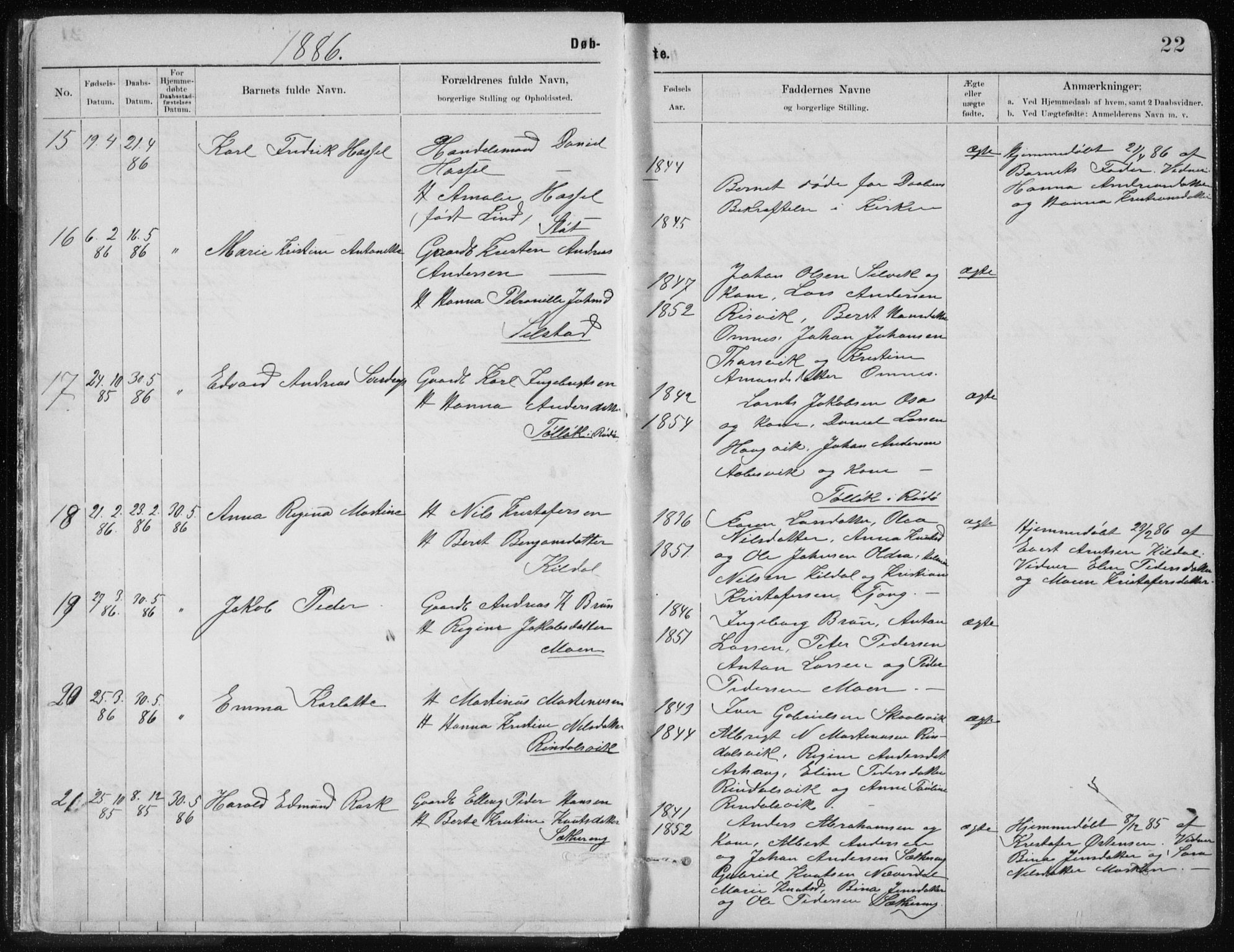 Ministerialprotokoller, klokkerbøker og fødselsregistre - Nordland, AV/SAT-A-1459/843/L0636: Parish register (copy) no. 843C05, 1884-1909, p. 22