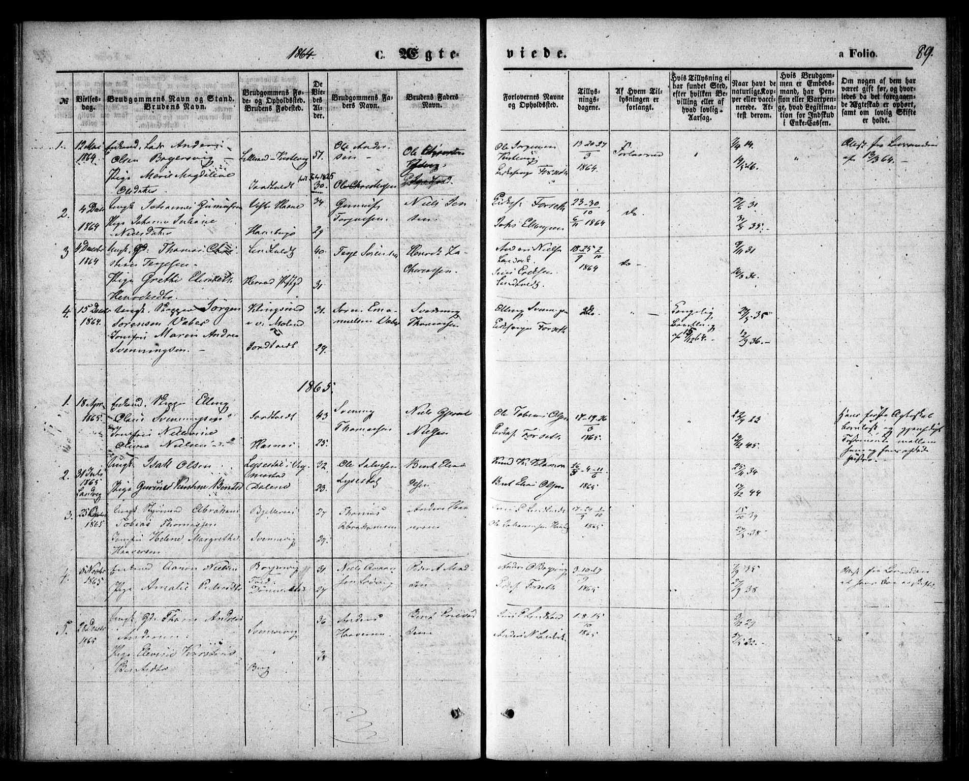 Hommedal sokneprestkontor, SAK/1111-0023/F/Fa/Faa/L0002: Parish register (official) no. A 2, 1861-1884, p. 89