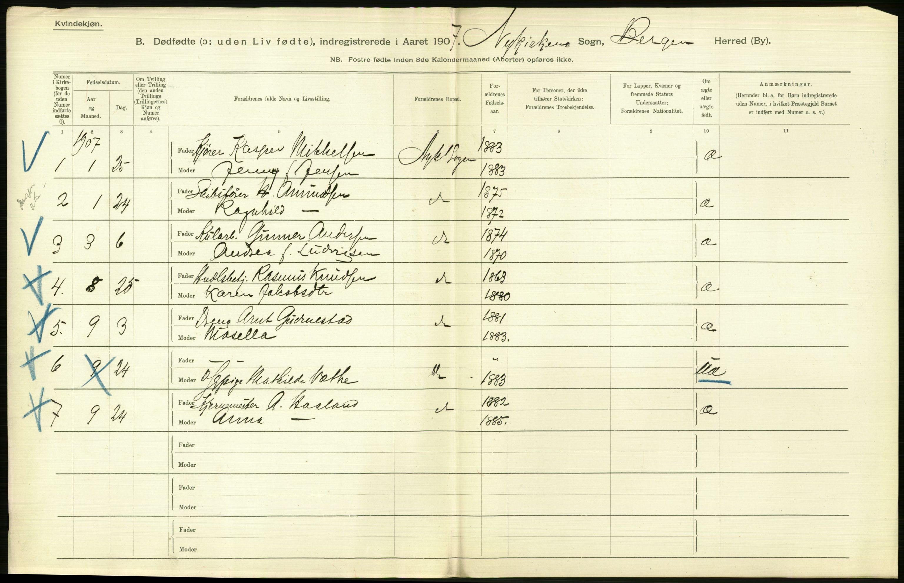 Statistisk sentralbyrå, Sosiodemografiske emner, Befolkning, RA/S-2228/D/Df/Dfa/Dfae/L0031: Bergen: gifte, døde, dødfødte., 1907, p. 444