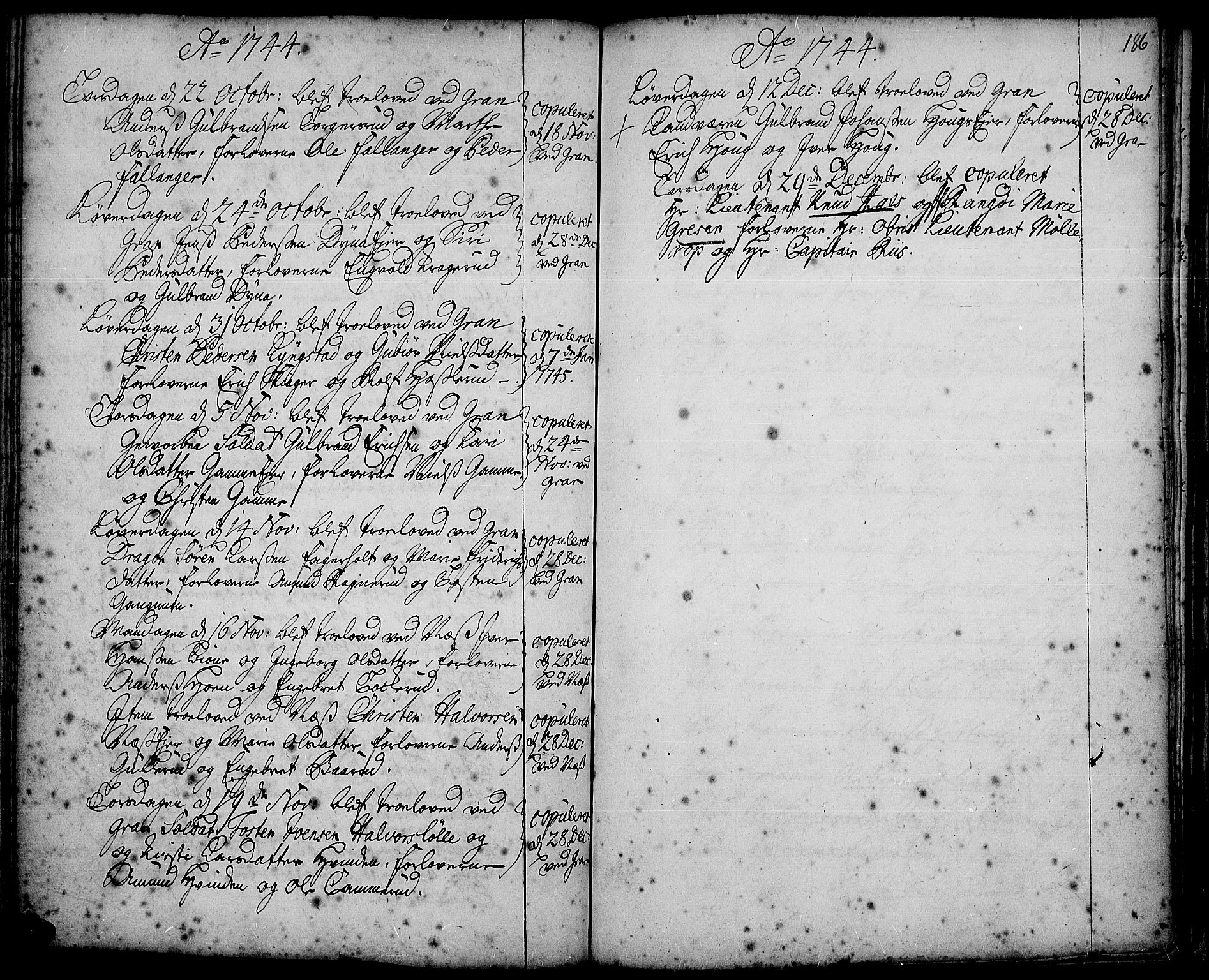 Gran prestekontor, SAH/PREST-112/H/Ha/Haa/L0002: Parish register (official) no. 2, 1732-1744, p. 186