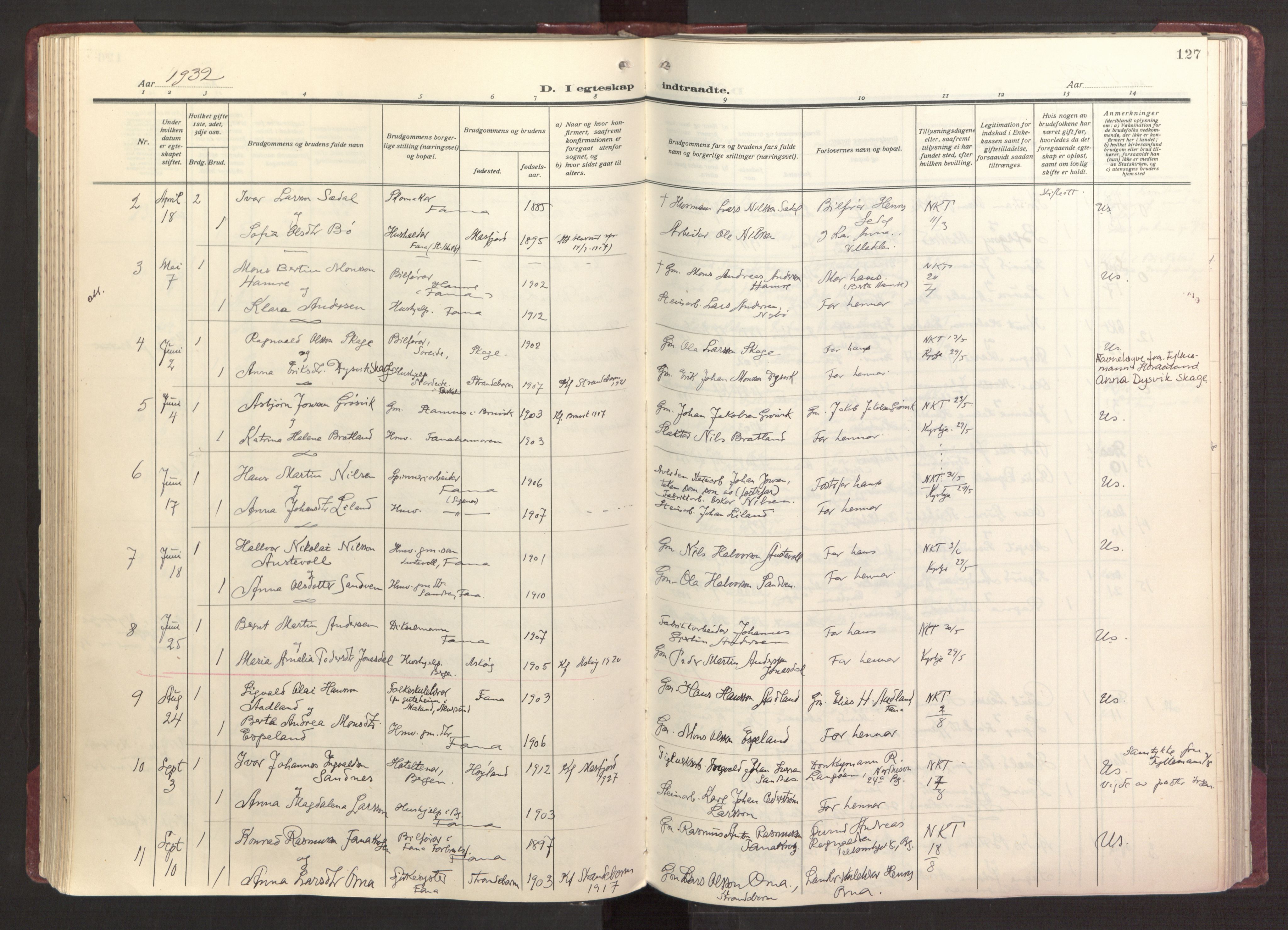 Fana Sokneprestembete, AV/SAB-A-75101/H/Haa/Haab/L0006: Parish register (official) no. B 6, 1923-1967, p. 127