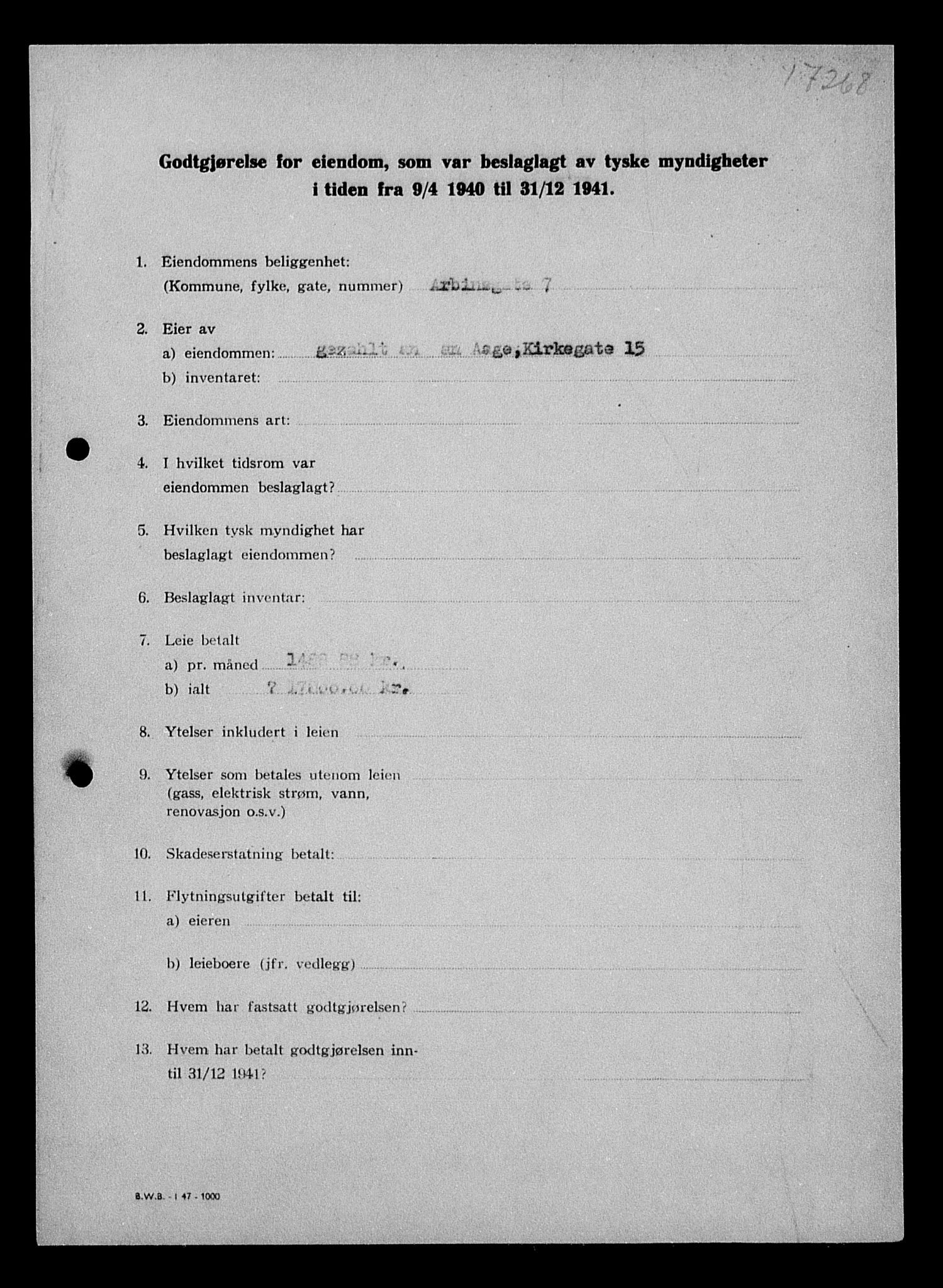 Justisdepartementet, Tilbakeføringskontoret for inndratte formuer, RA/S-1564/I/L1011: Godtgjørelse for beslaglagt eiendom, 1940-1941, p. 773