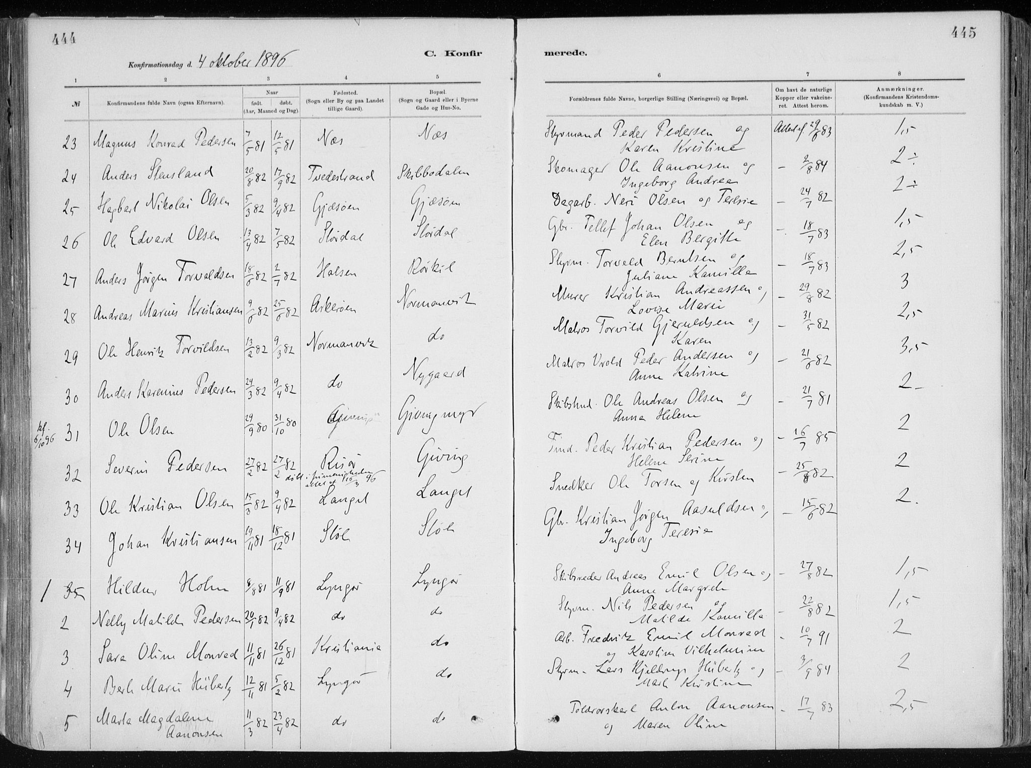 Dypvåg sokneprestkontor, SAK/1111-0007/F/Fa/Faa/L0008: Parish register (official) no. A 8, 1885-1906, p. 444-445
