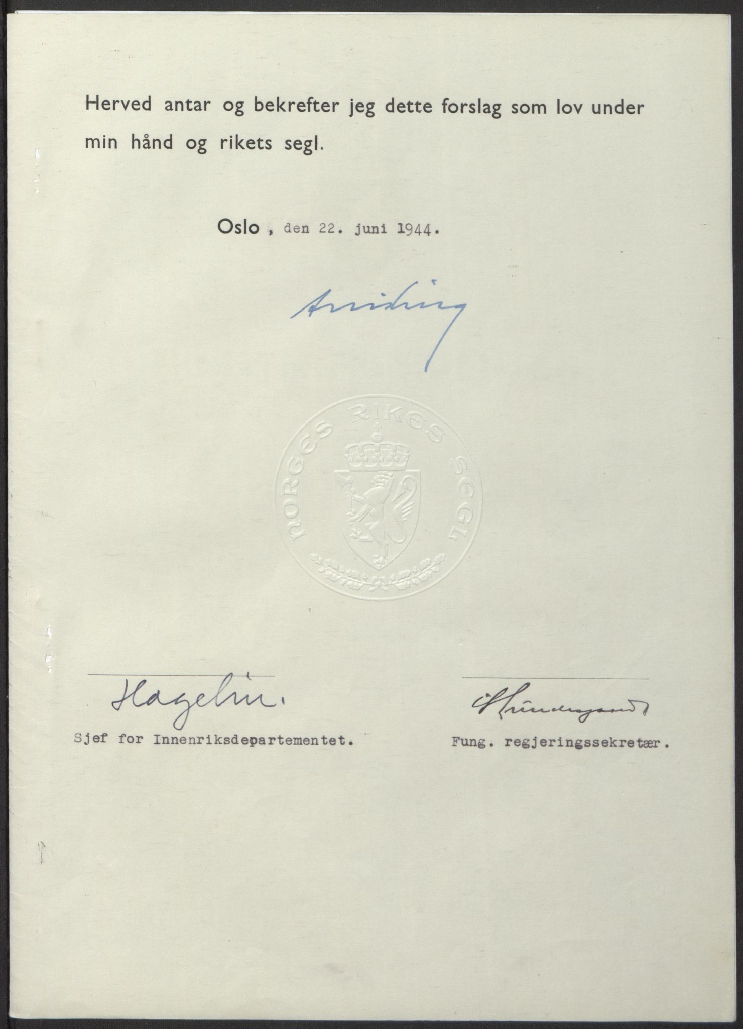 NS-administrasjonen 1940-1945 (Statsrådsekretariatet, de kommisariske statsråder mm), AV/RA-S-4279/D/Db/L0100: Lover, 1944, p. 284