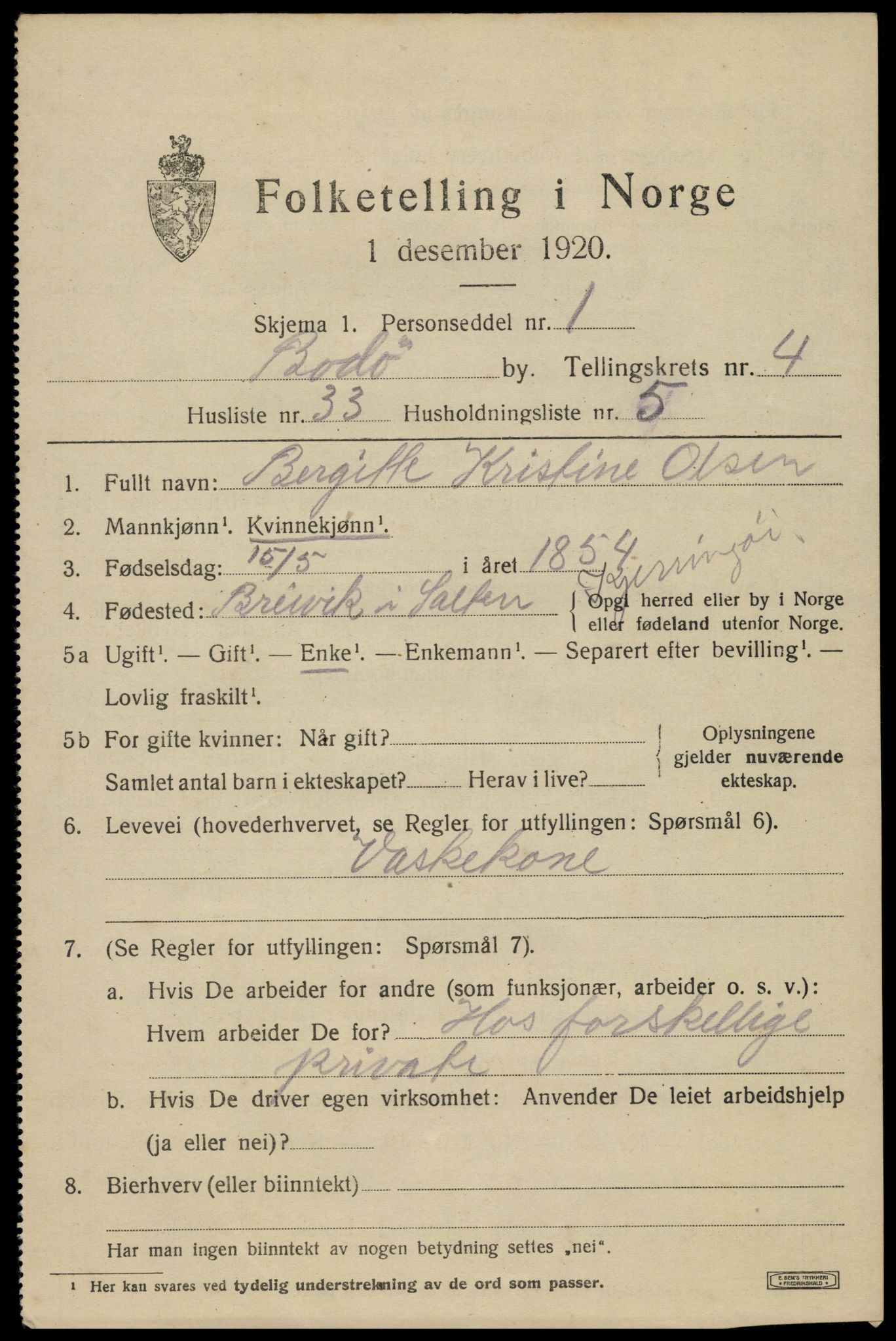 SAT, 1920 census for Bodø, 1920, p. 7925