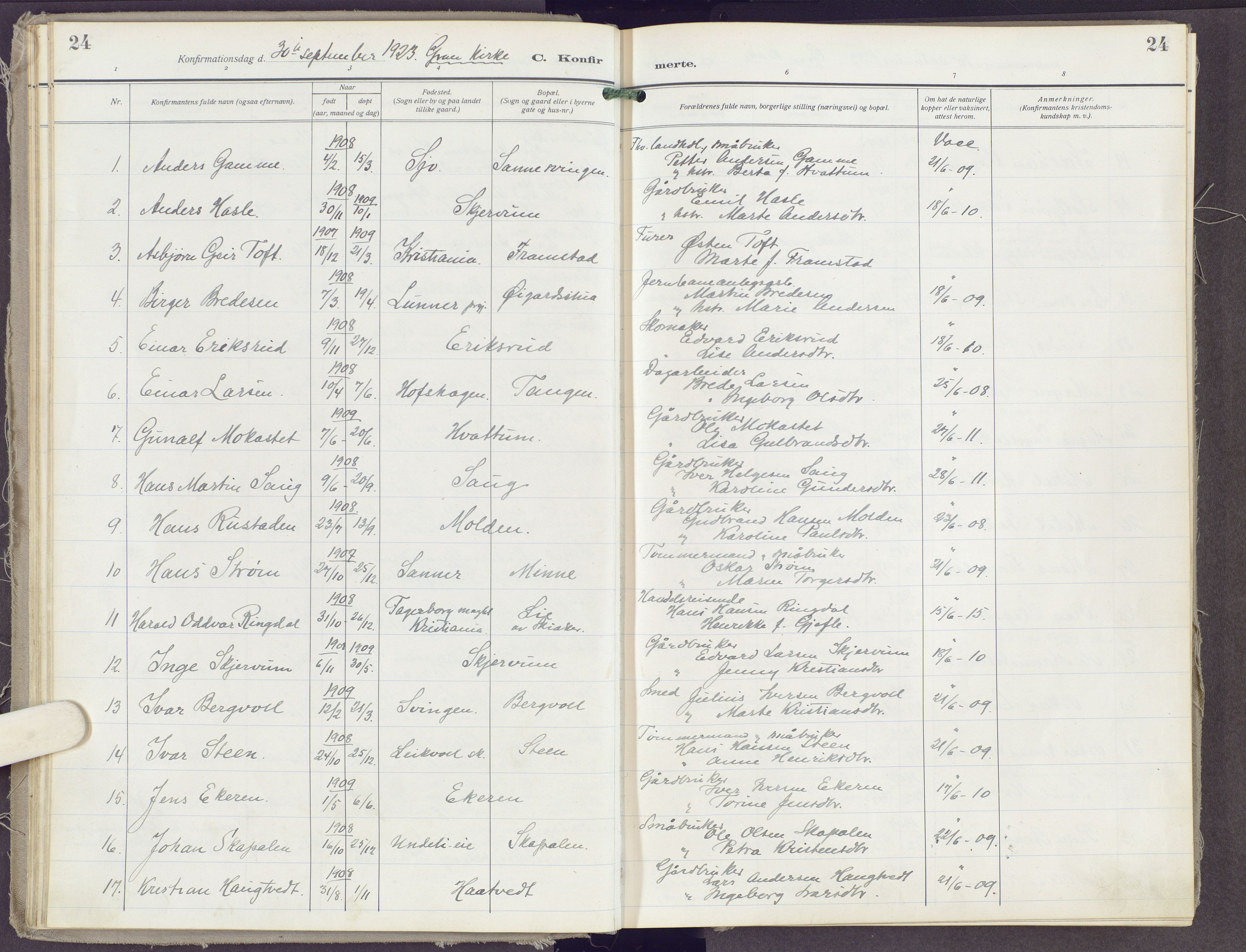 Gran prestekontor, SAH/PREST-112/H/Ha/Haa/L0023: Parish register (official) no. 23, 1919-1938, p. 24
