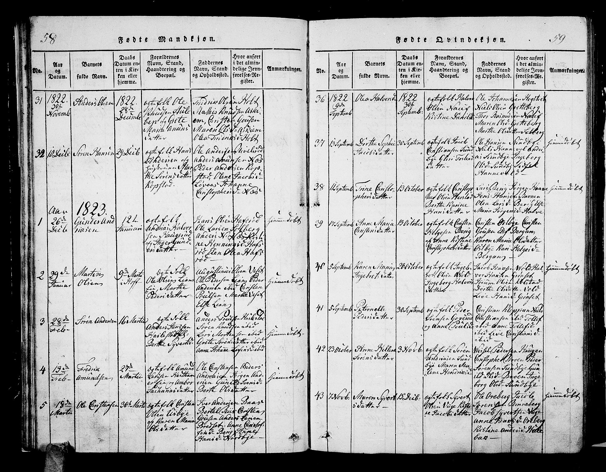 Hof kirkebøker, AV/SAKO-A-64/G/Ga/L0001: Parish register (copy) no. I 1, 1814-1844, p. 58-59