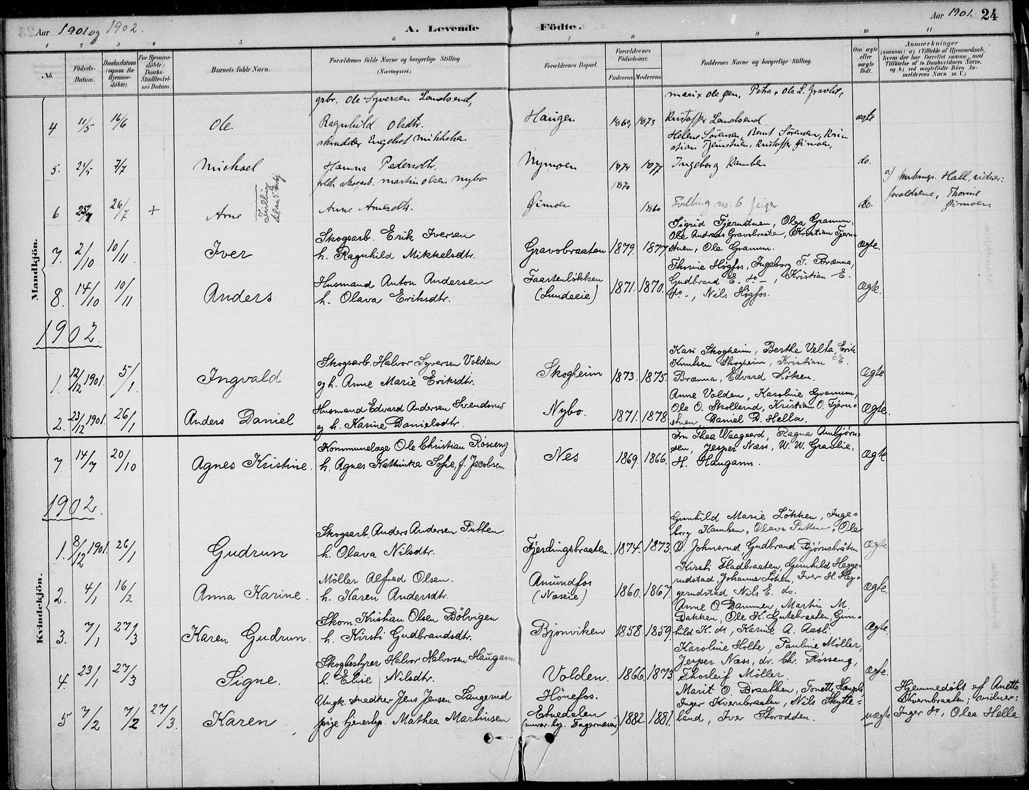 Ådal kirkebøker, AV/SAKO-A-248/F/Fa/L0004: Parish register (official) no. I 4, 1884-1904, p. 24