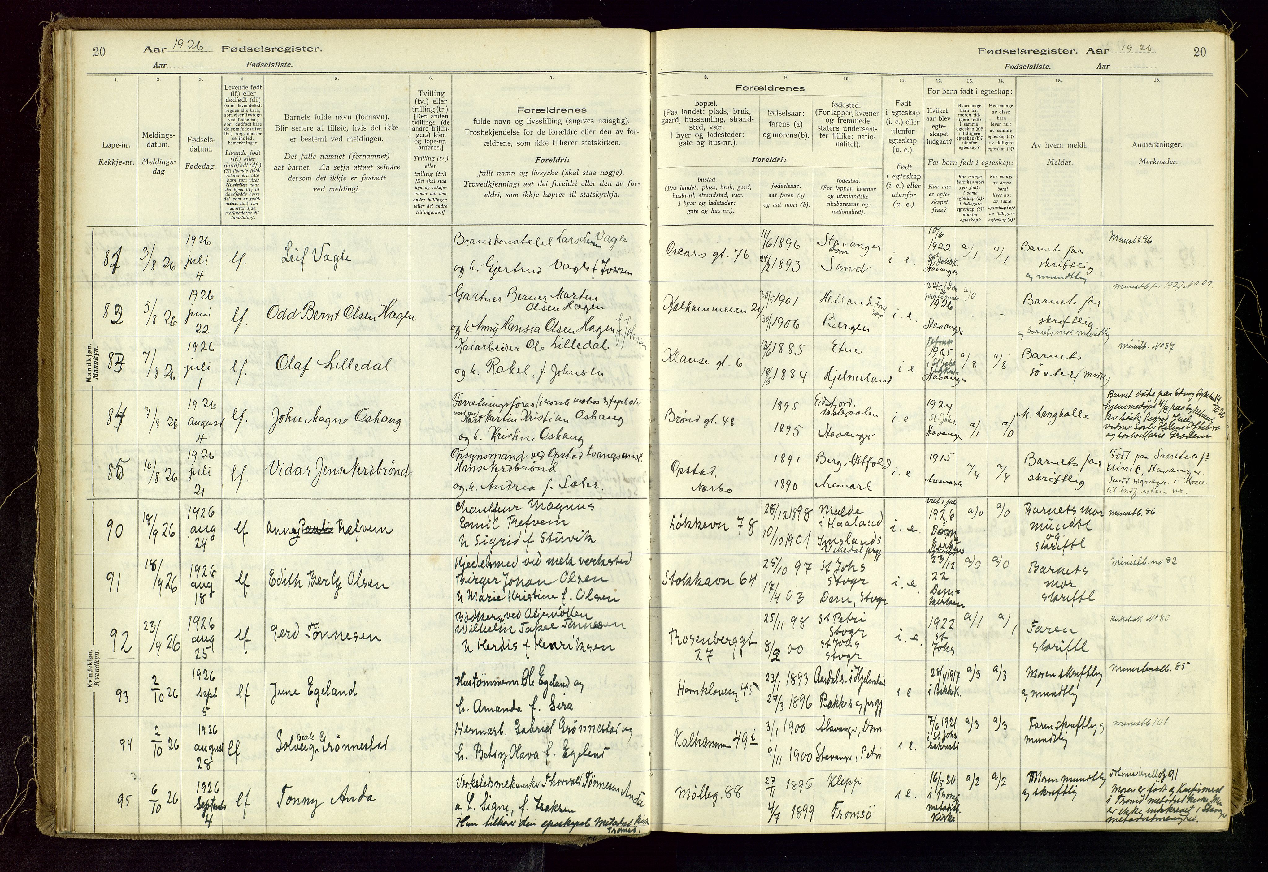 Domkirken sokneprestkontor, AV/SAST-A-101812/002/A/L0001: Birth register no. 1, 1925-1932, p. 20