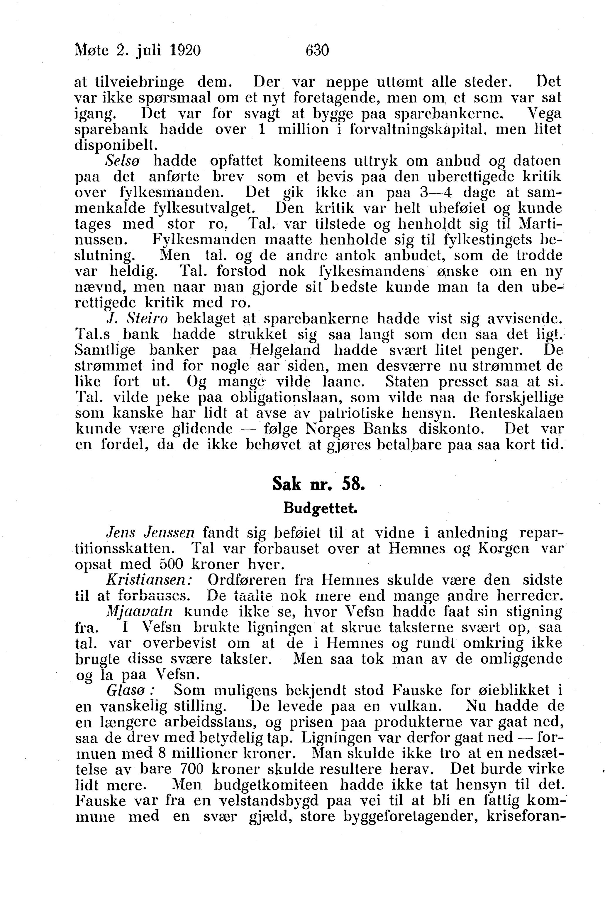 Nordland Fylkeskommune. Fylkestinget, AIN/NFK-17/176/A/Ac/L0043: Fylkestingsforhandlinger 1920, 1920