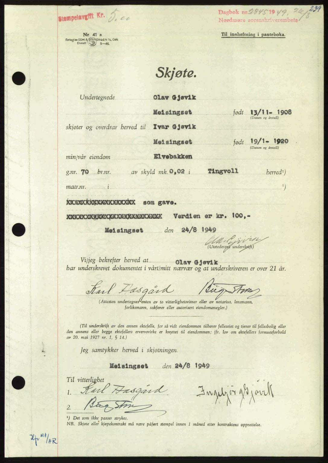 Nordmøre sorenskriveri, AV/SAT-A-4132/1/2/2Ca: Mortgage book no. A112, 1949-1949, Diary no: : 2345/1949