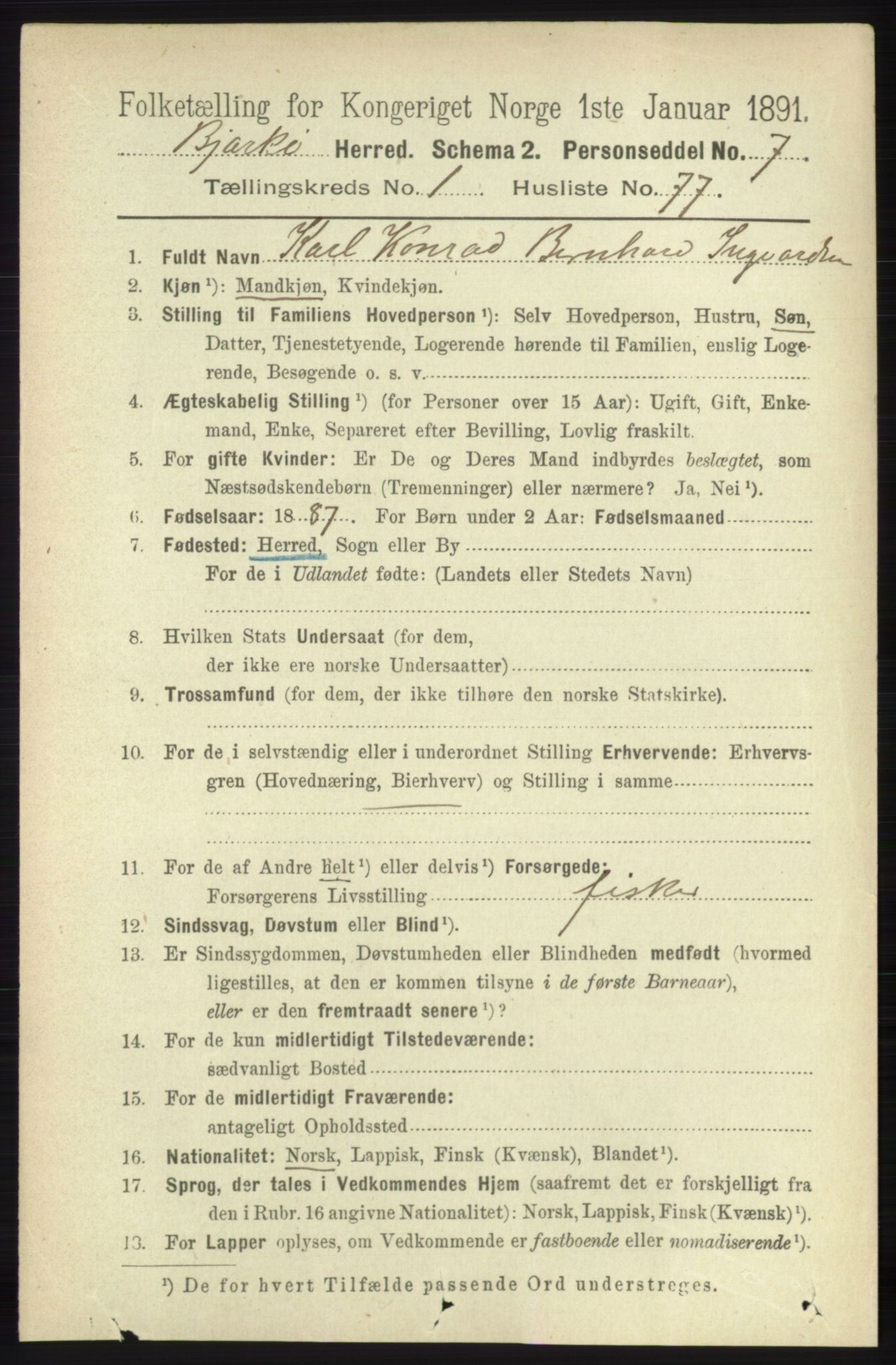 RA, 1891 census for 1915 Bjarkøy, 1891, p. 564