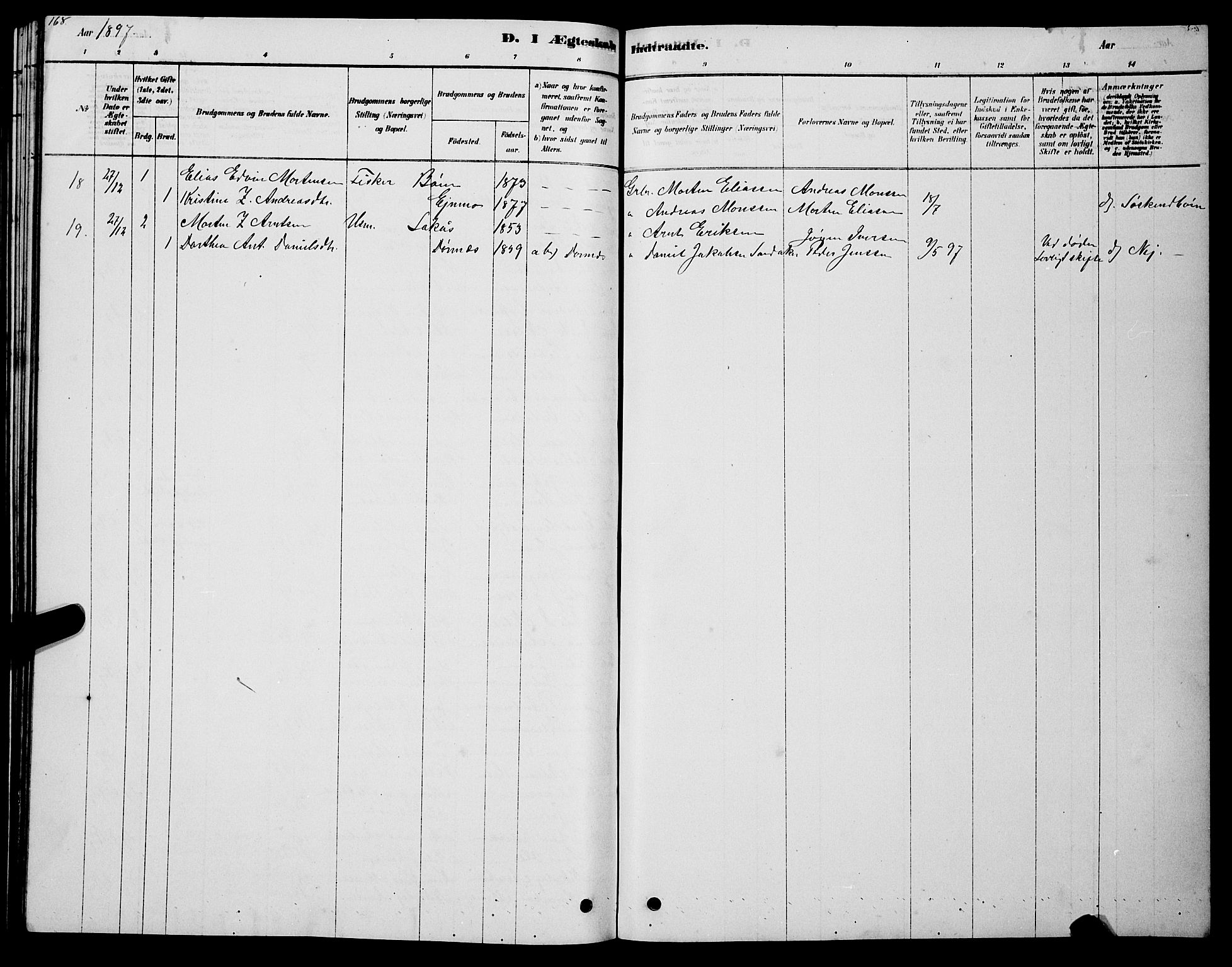 Ministerialprotokoller, klokkerbøker og fødselsregistre - Nordland, AV/SAT-A-1459/831/L0477: Parish register (copy) no. 831C04, 1878-1897, p. 168