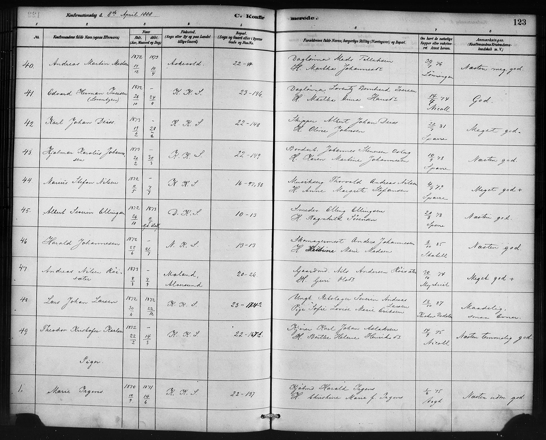 Korskirken sokneprestembete, AV/SAB-A-76101/H/Haa/L0029: Parish register (official) no. C 5, 1880-1892, p. 123