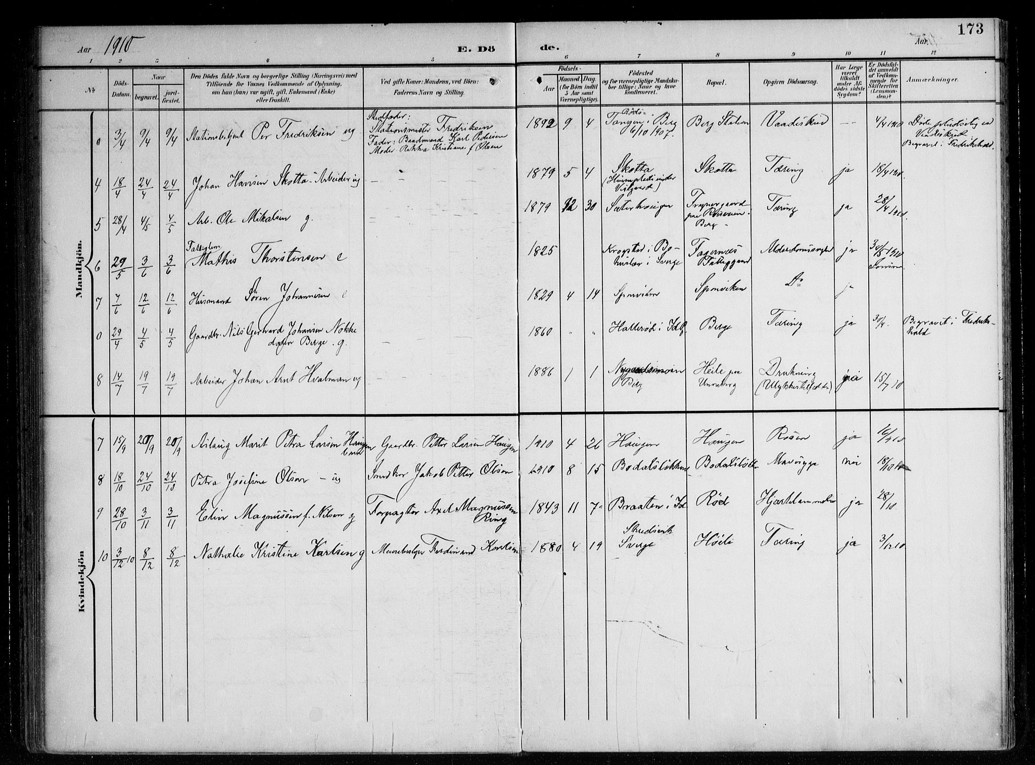 Berg prestekontor Kirkebøker, AV/SAO-A-10902/F/Fa/L0008: Parish register (official) no. I 8, 1902-1920, p. 173