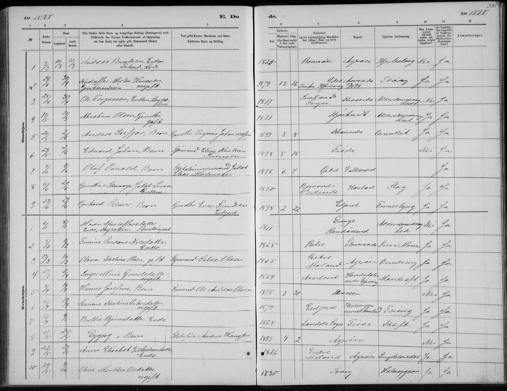 Høvåg sokneprestkontor, SAK/1111-0025/F/Fb/L0004: Parish register (copy) no. B 4, 1883-1898, p. 301
