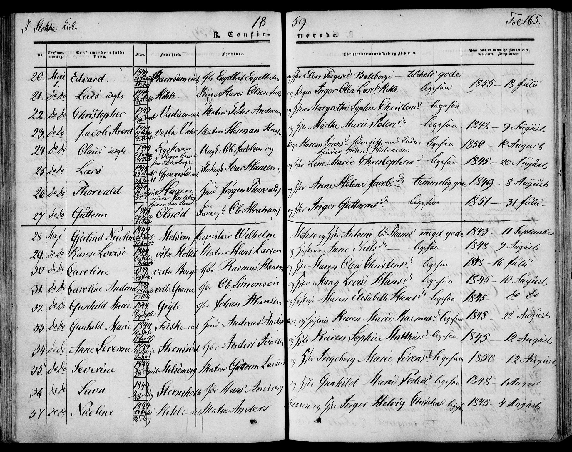 Stokke kirkebøker, SAKO/A-320/F/Fa/L0008: Parish register (official) no. I 8, 1858-1871, p. 165