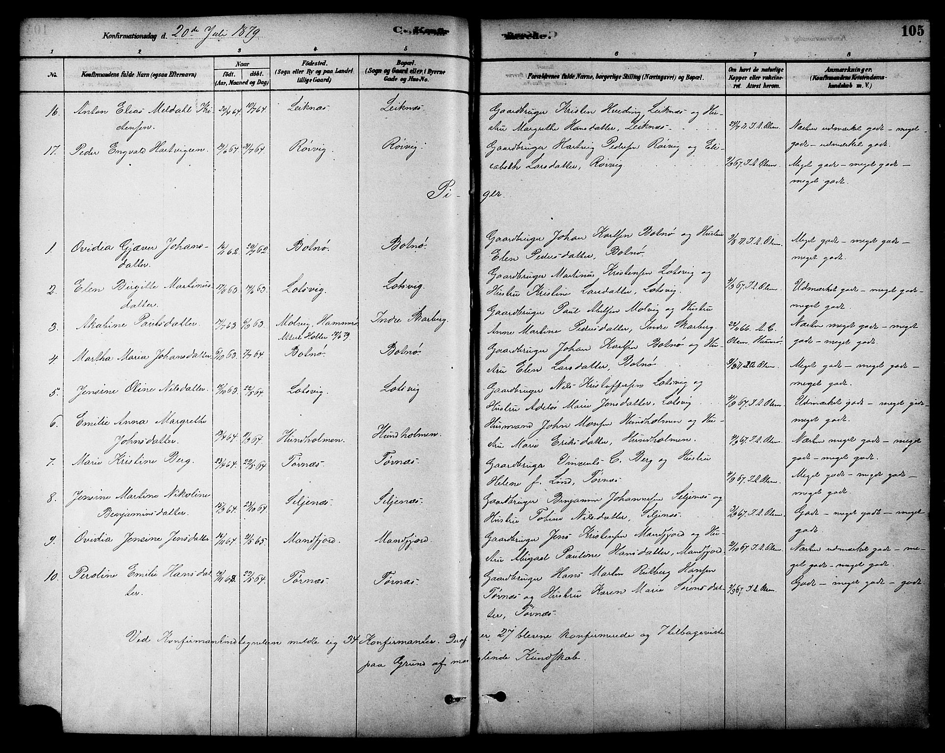 Ministerialprotokoller, klokkerbøker og fødselsregistre - Nordland, AV/SAT-A-1459/861/L0868: Parish register (official) no. 861A03, 1879-1889, p. 105