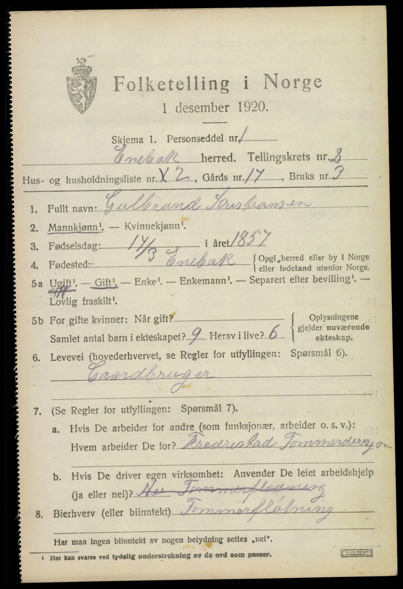 SAO, 1920 census for Enebakk, 1920, p. 2075