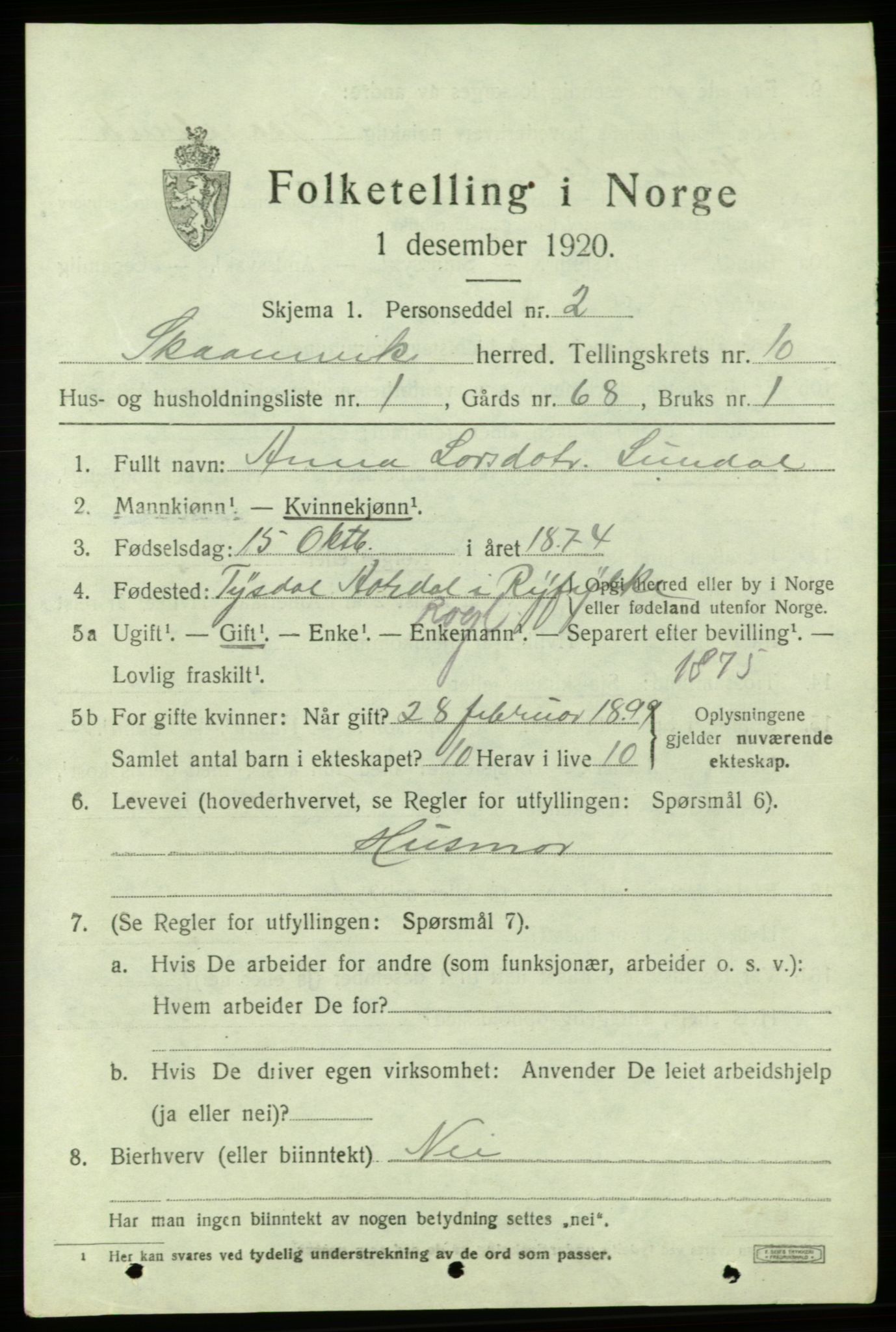 SAB, 1920 census for Skånevik, 1920, p. 5077