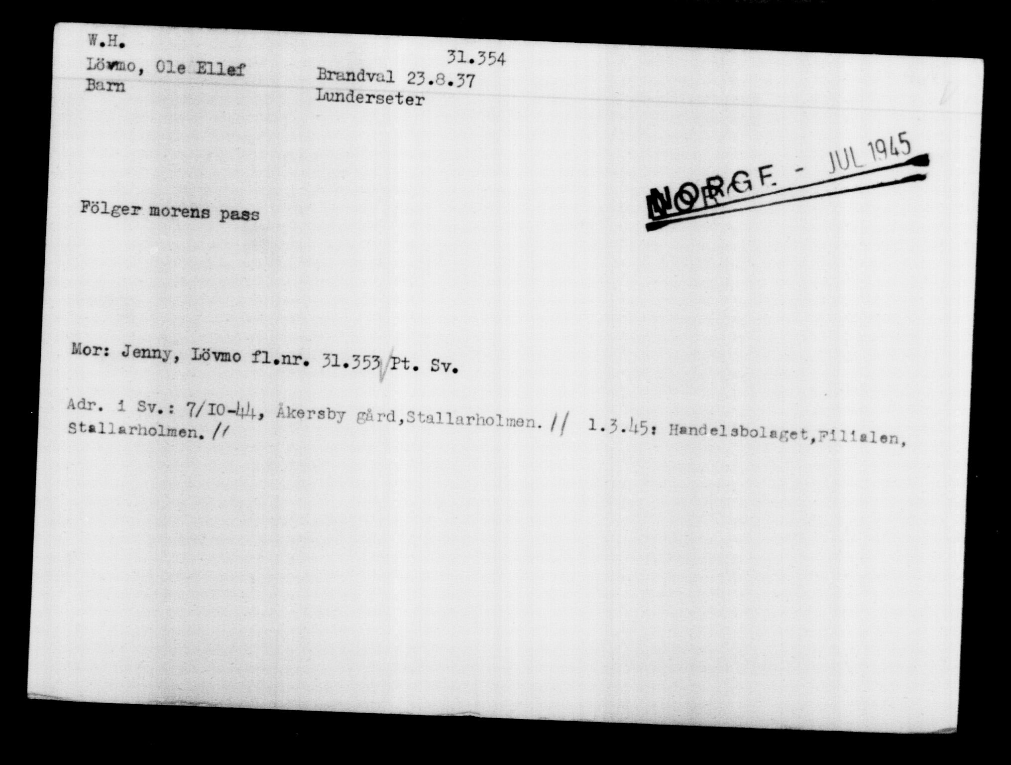 Den Kgl. Norske Legasjons Flyktningskontor, RA/S-6753/V/Va/L0012: Kjesäterkartoteket.  Flyktningenr. 28300-31566, 1940-1945, p. 3307