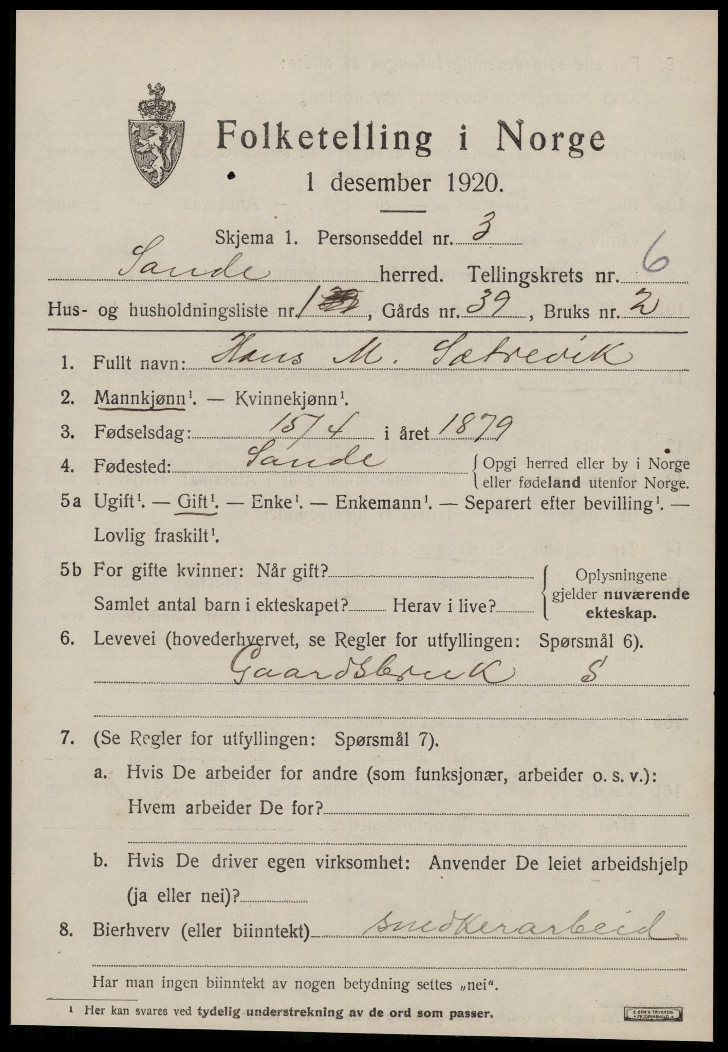 SAT, 1920 census for Sande (MR), 1920, p. 3530