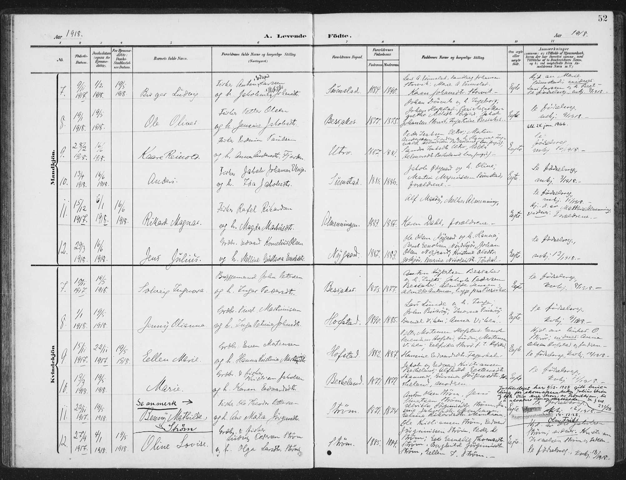 Ministerialprotokoller, klokkerbøker og fødselsregistre - Sør-Trøndelag, SAT/A-1456/657/L0709: Parish register (official) no. 657A10, 1905-1919, p. 52